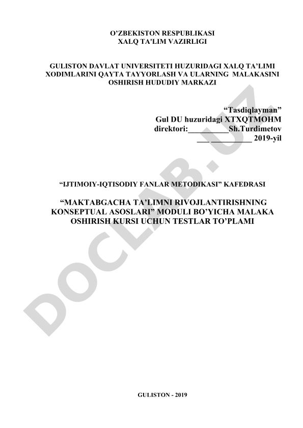 Maktabgacha ta'limni rivojlantirishning konseptual asoslari moduli bo'yicha testlar to'plami