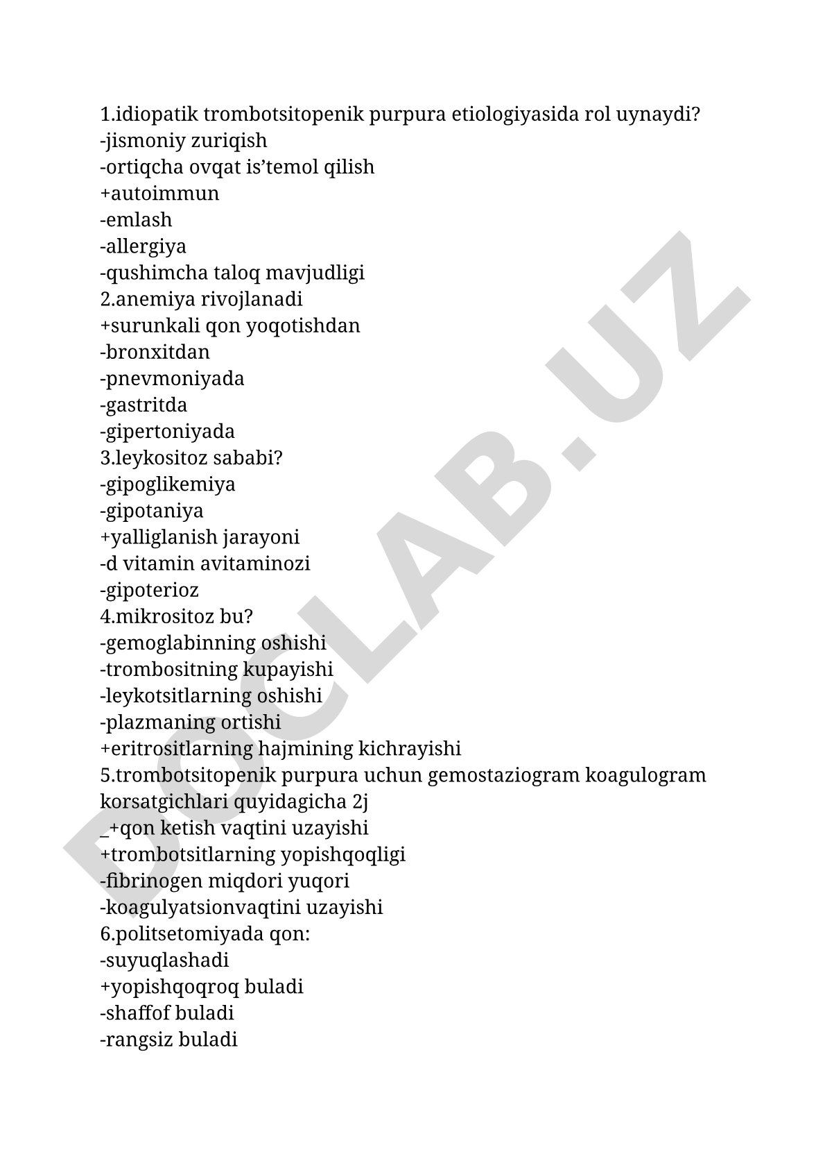 Gemotologik kasalliklar bo'yicha test savollari