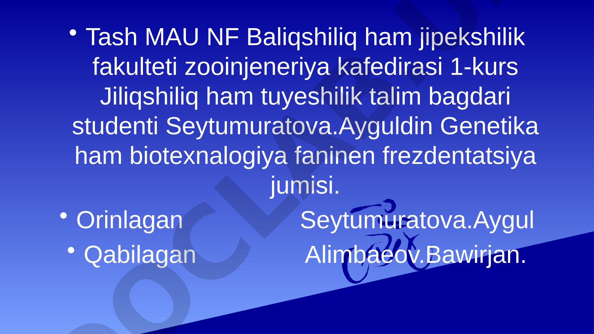 Barliq turdegi sharwa haywanlarinin belgileri boyinsha takirarlaniw koefficientin esaplaw
