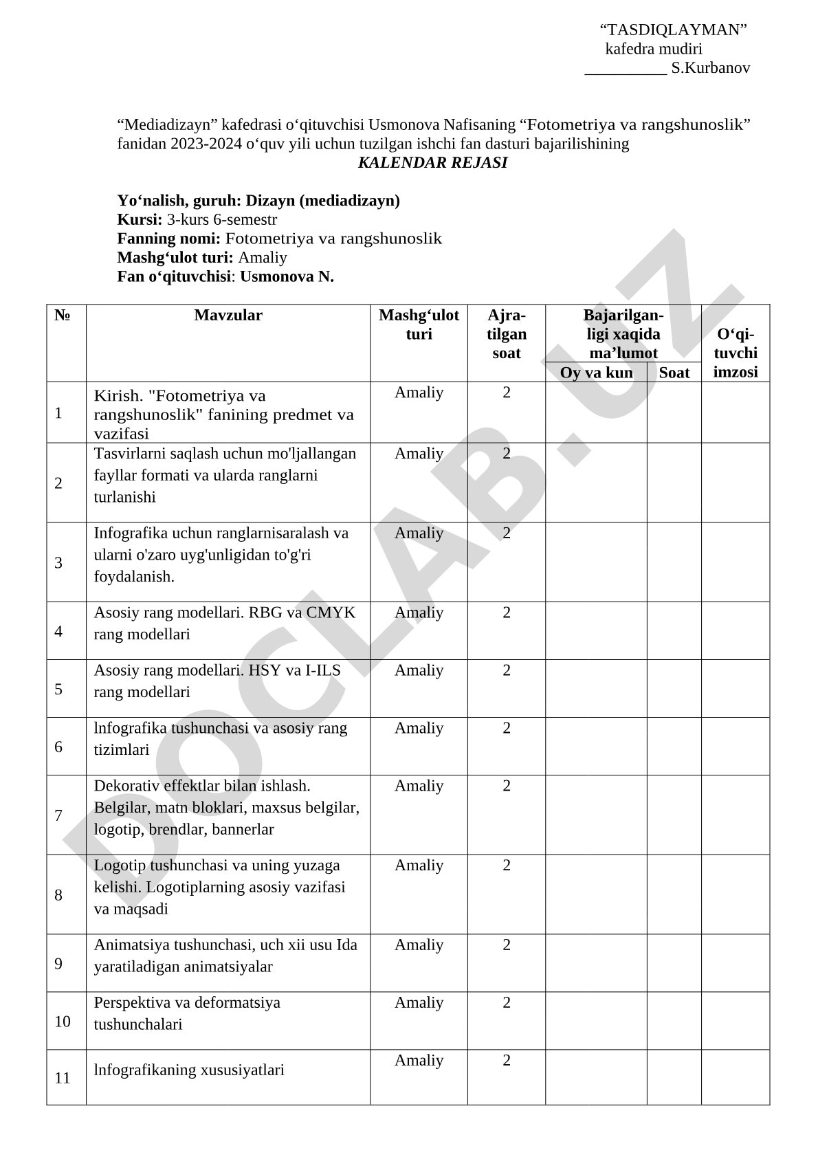 Fotometriya va rangshunoslik fanidan amaliy mashg'ulotlar kalendar rejasi (2023-2024)