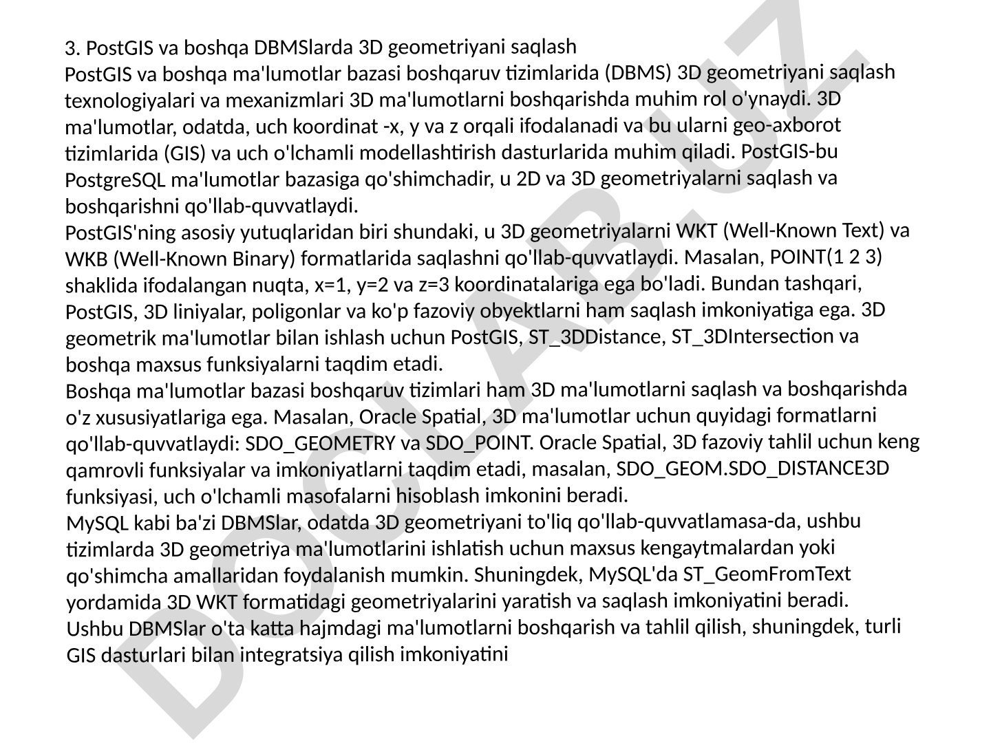 PostGIS va boshqa DBMSlarda 3D geometriyani saqlash texnologiyalari