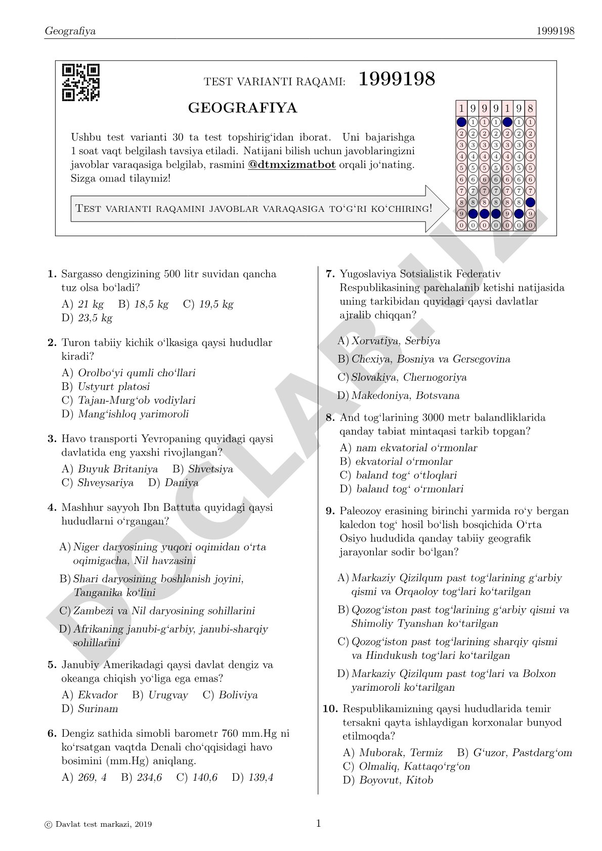Geografiya fanidan test topshiriqlari