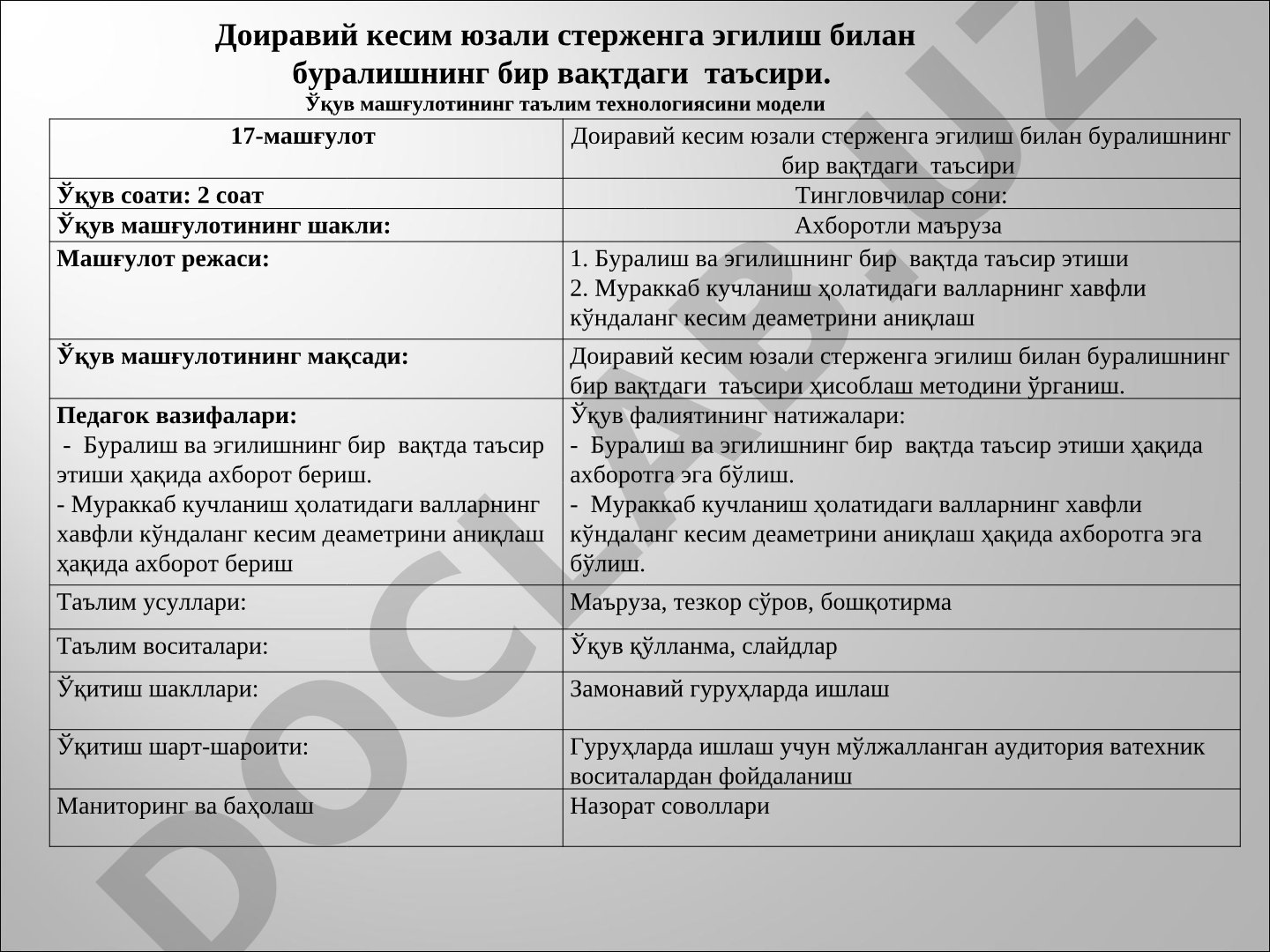 Доиравий кесим юзали стерженга эгилиш билан буралишнинг бир вақтдаги таъсири
