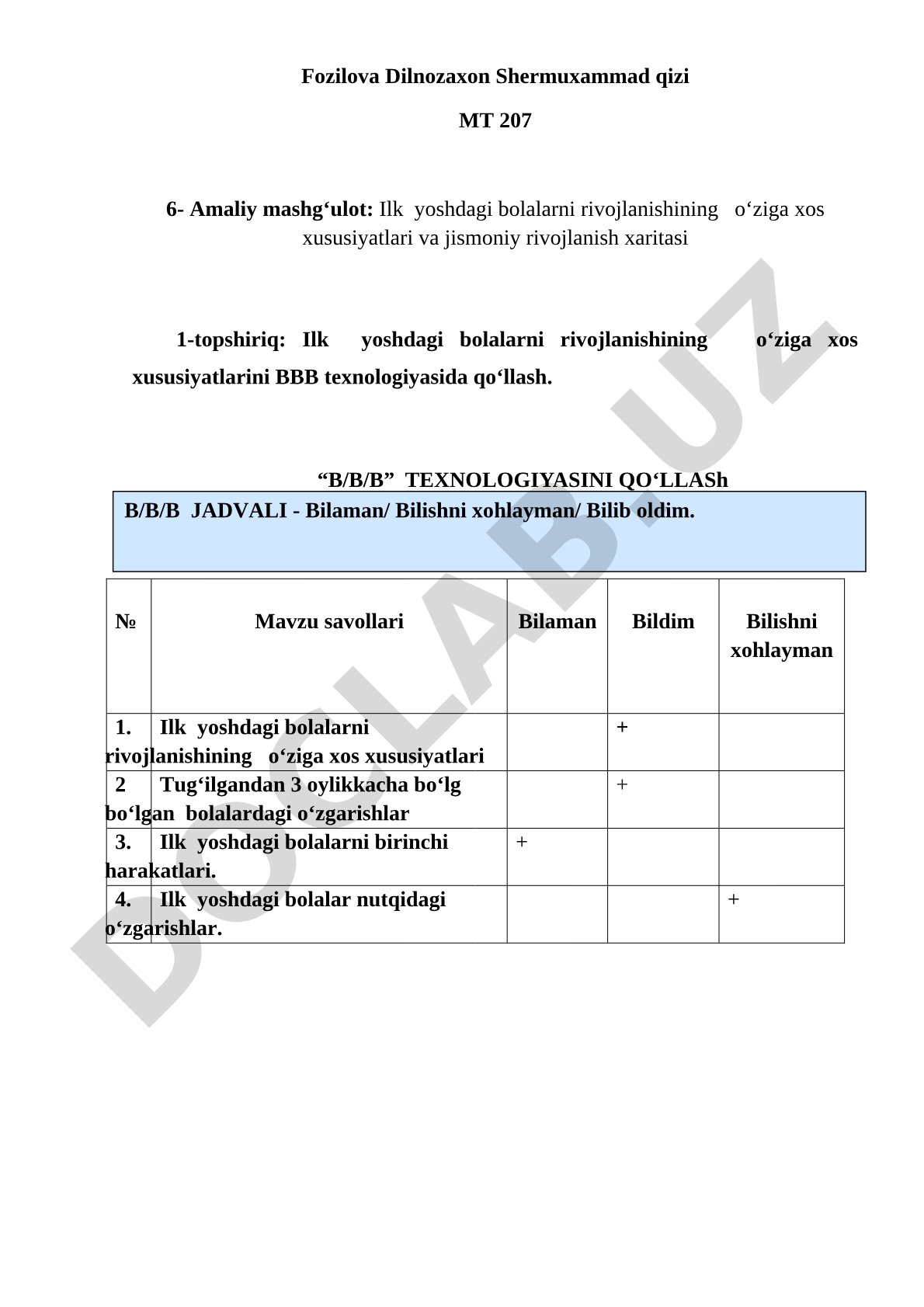 Ilk yoshdagi bolalarni rivojlanishining o'ziga xos xususiyatlari va jismoniy rivojlanish xaritasi