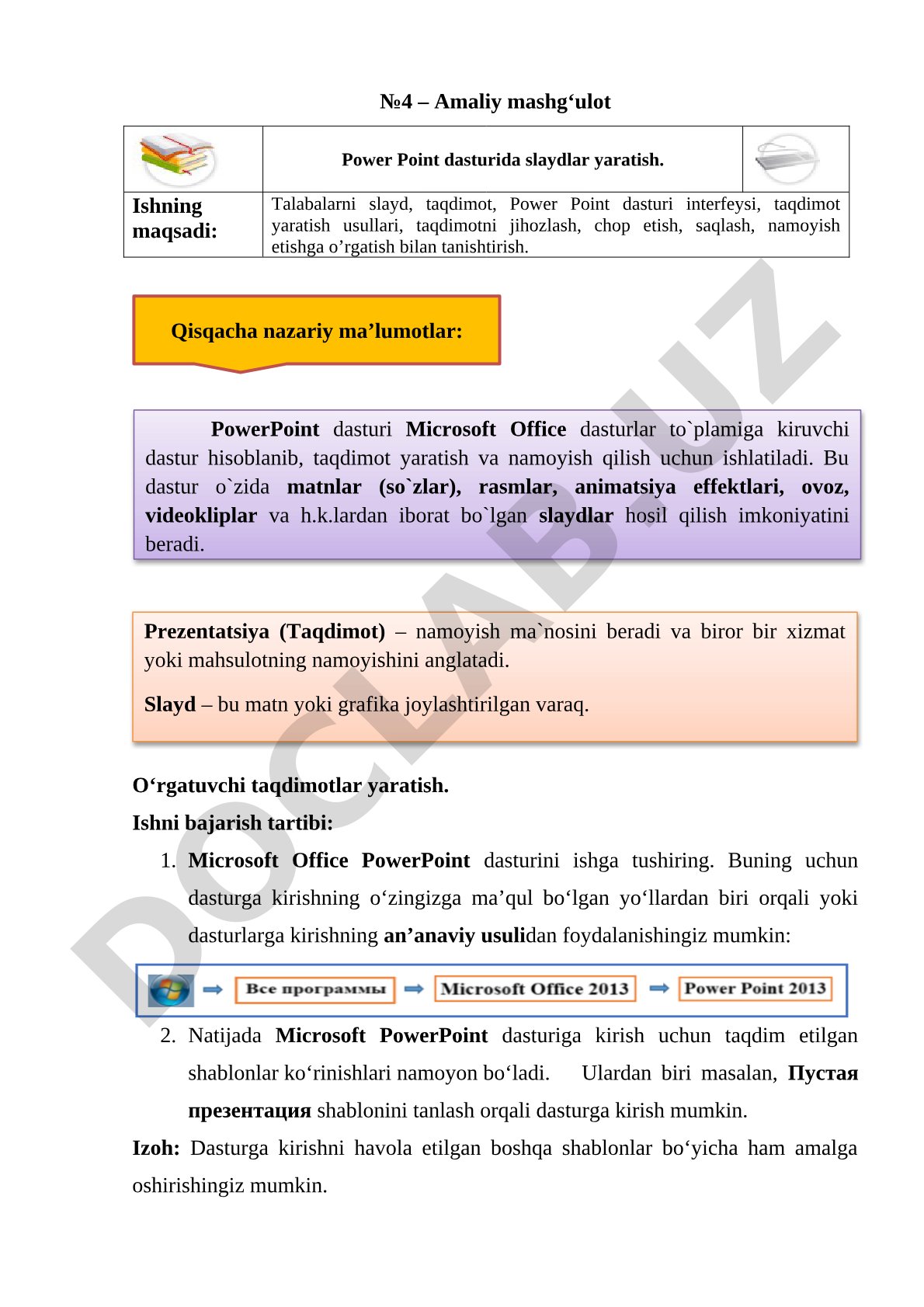 Amaliy mashg‘ulot Power Point dasturida slaydlar yaratish
