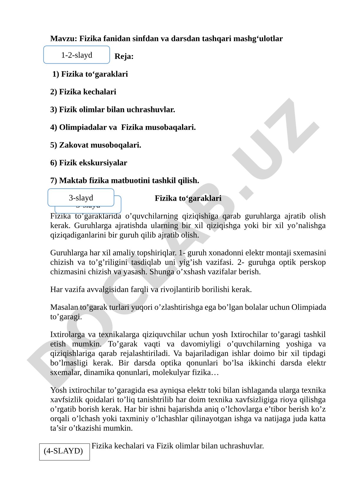 Fizika fanidan sinfdan va darsdan tashqari mashg'ulotlar