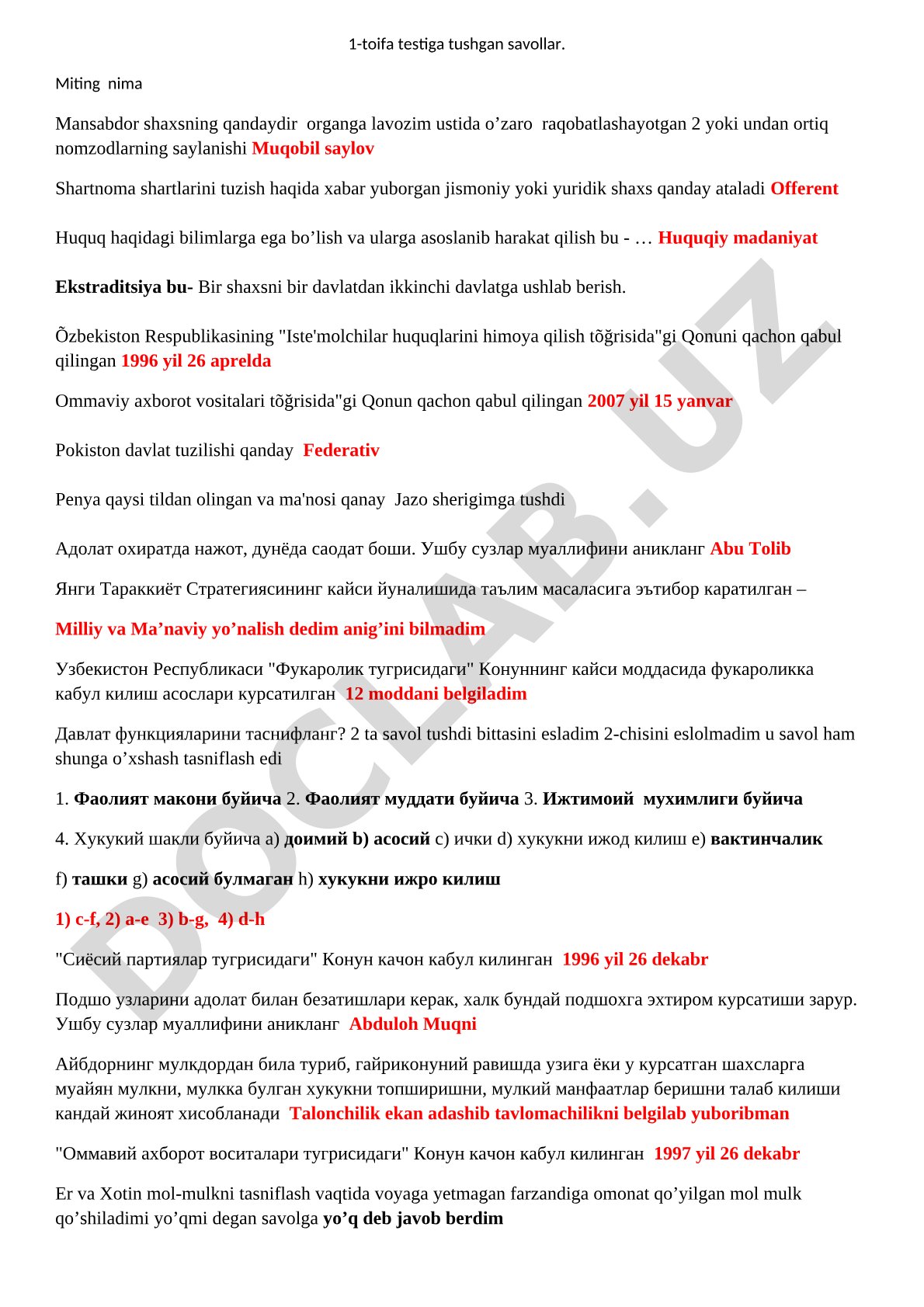 Huquqiy savollar testi