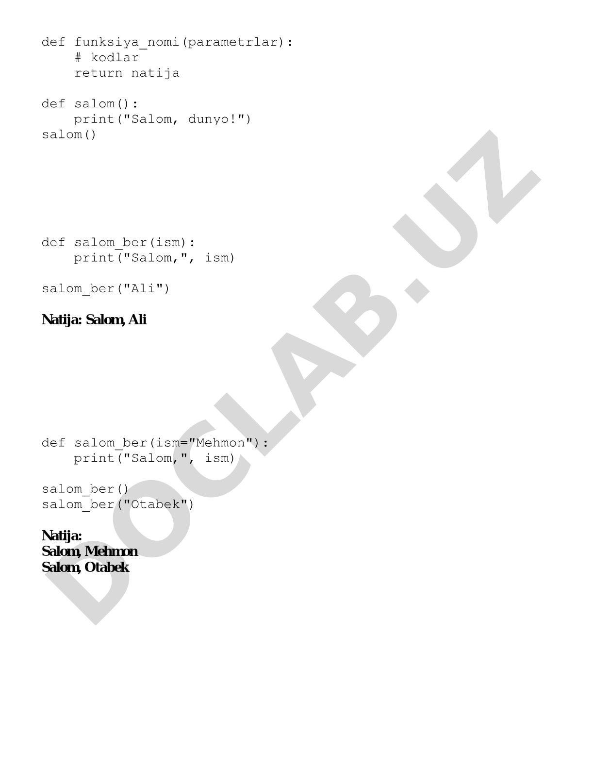 Python dasturlash tilida funksiyalar