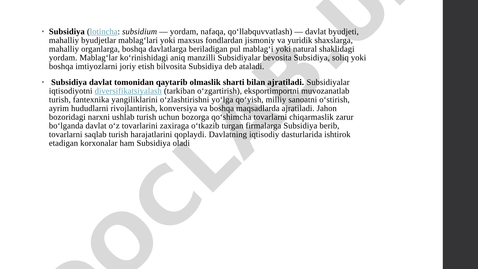 Subsidiya tushunchasi va berish tartibi