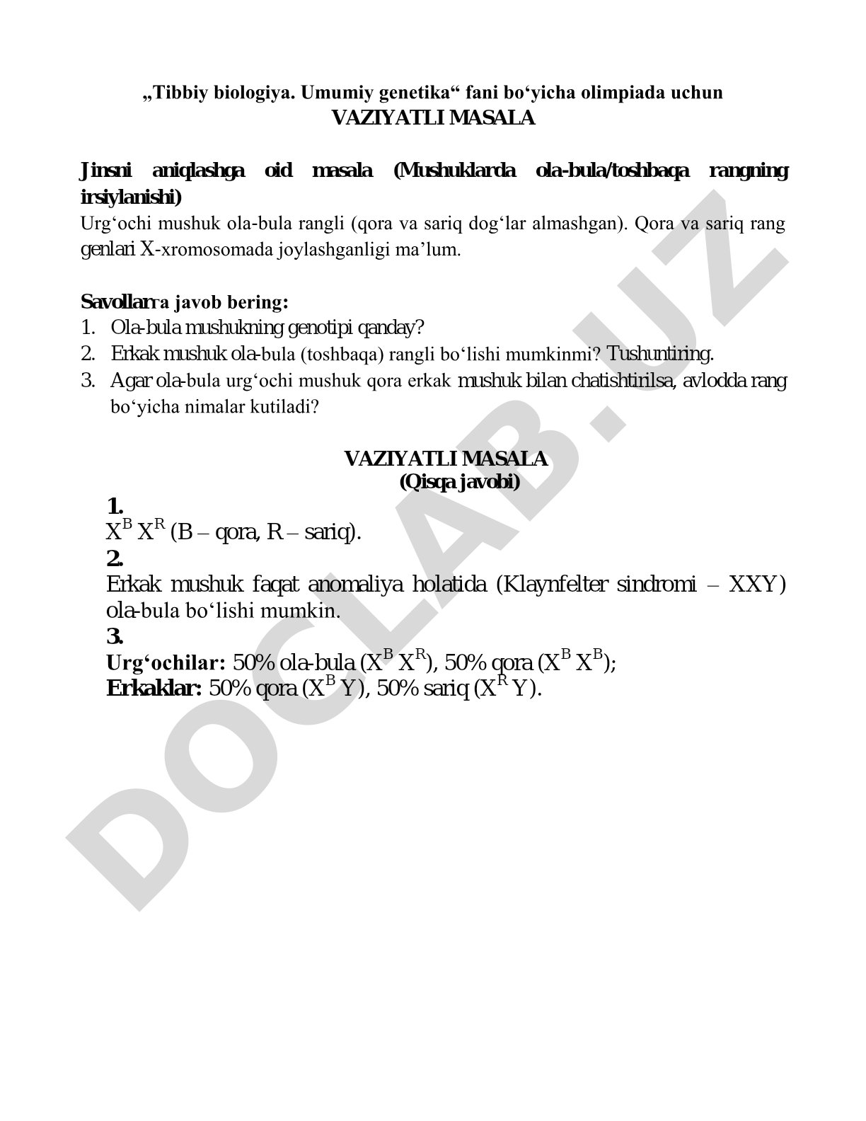 Jinsni aniqlashga oid masala (Mushuklarda ola-bula/toshbaqa rangning irsiylanishi)