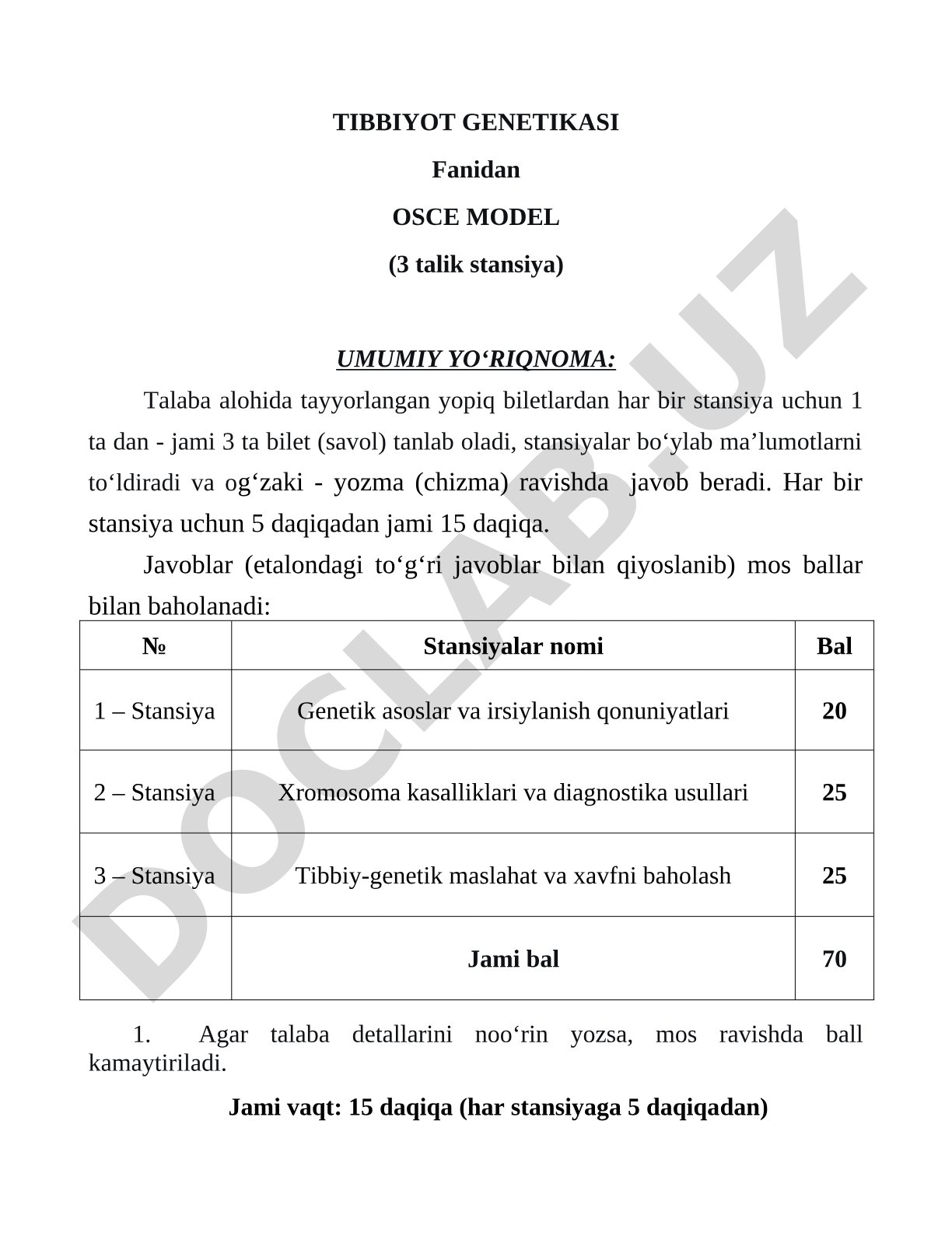 Tibbiyot genetikasi fanidan OSCE model (3 talik stansiya)