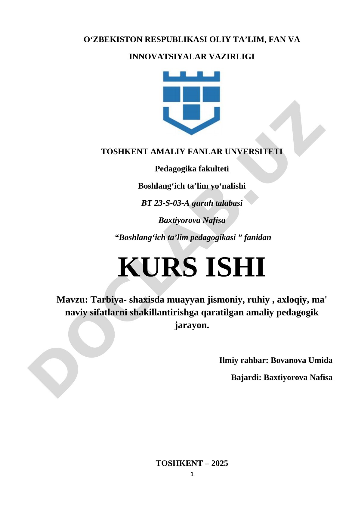 Tarbiya - shaxsda muayyan jismoniy, ruhiy, axloqiy, ma'naviy sifatlarni shakllantirishga qaratilgan amaliy pedagogik jarayon