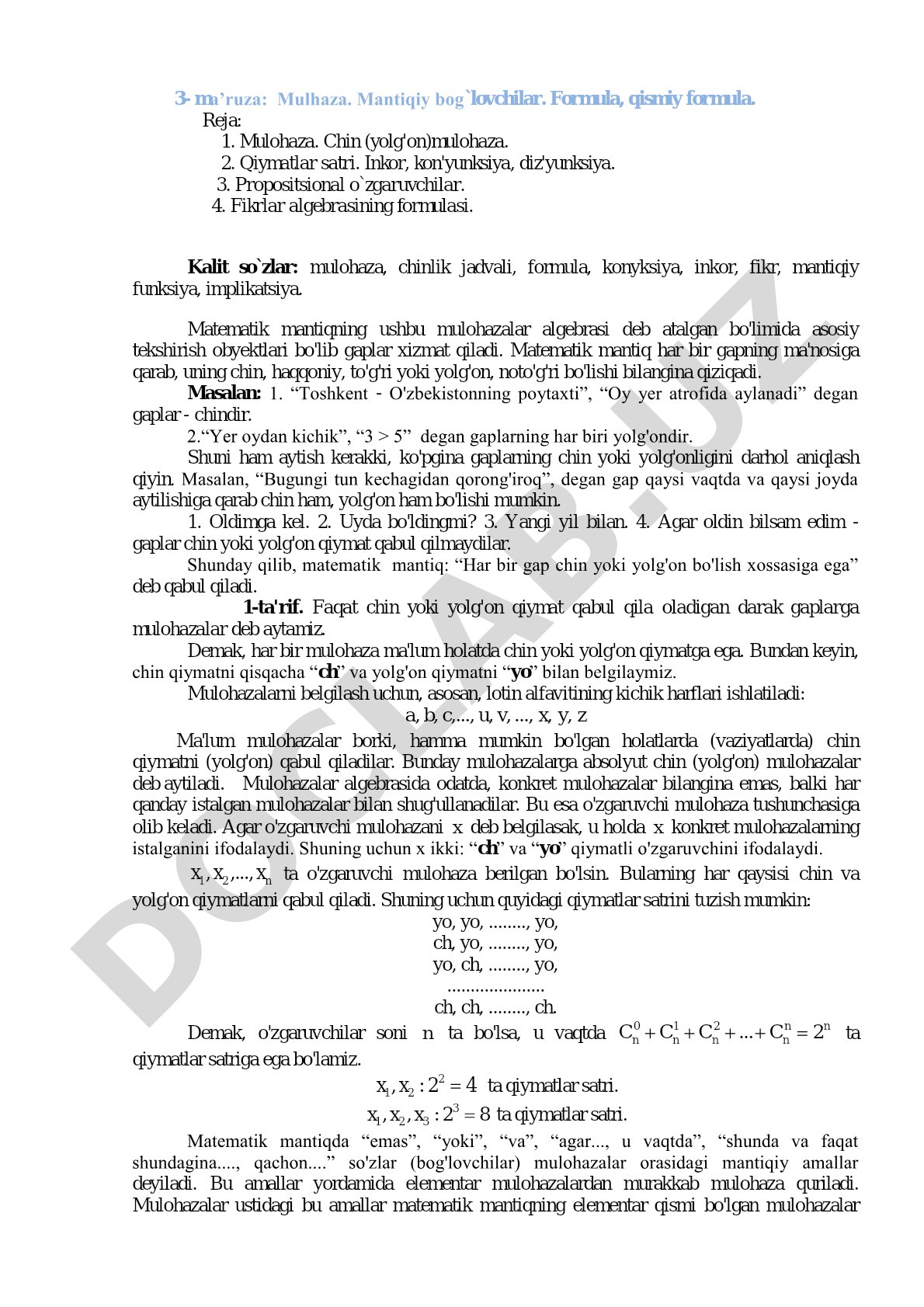 Mulohaza. Mantiqiy bog'lovchilar. Formula, qismiy formula