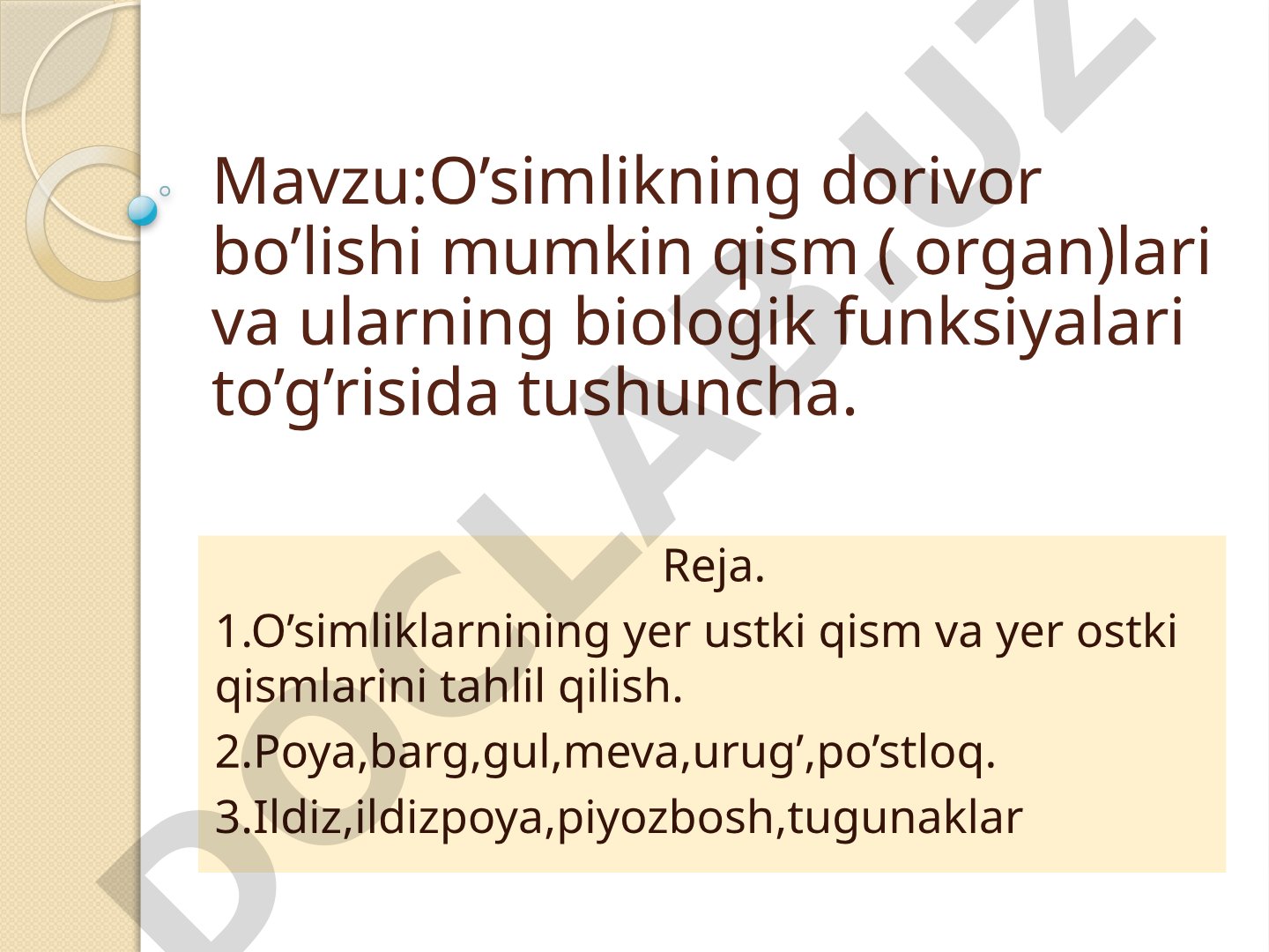 O'simlikning dorivor bo'lishi mumkin qism (organ)lari va ularning biologik funksiyalari to'g'risida tushuncha