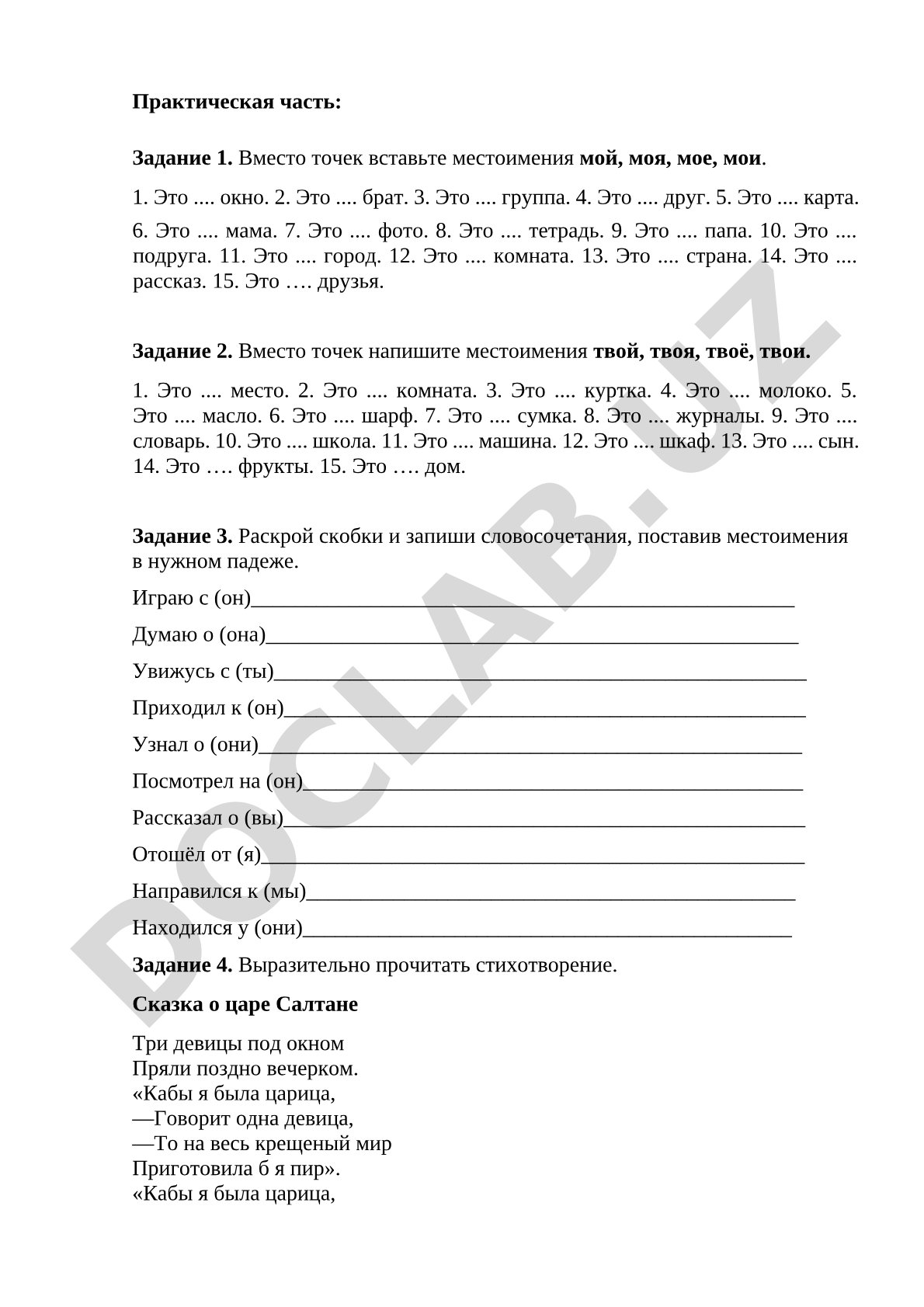 Практические задания по русскому языку: местоимения мой, твой