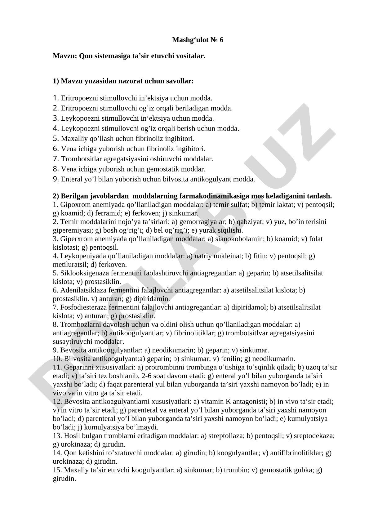 Qon sistemasiga ta'sir etuvchi vositalar