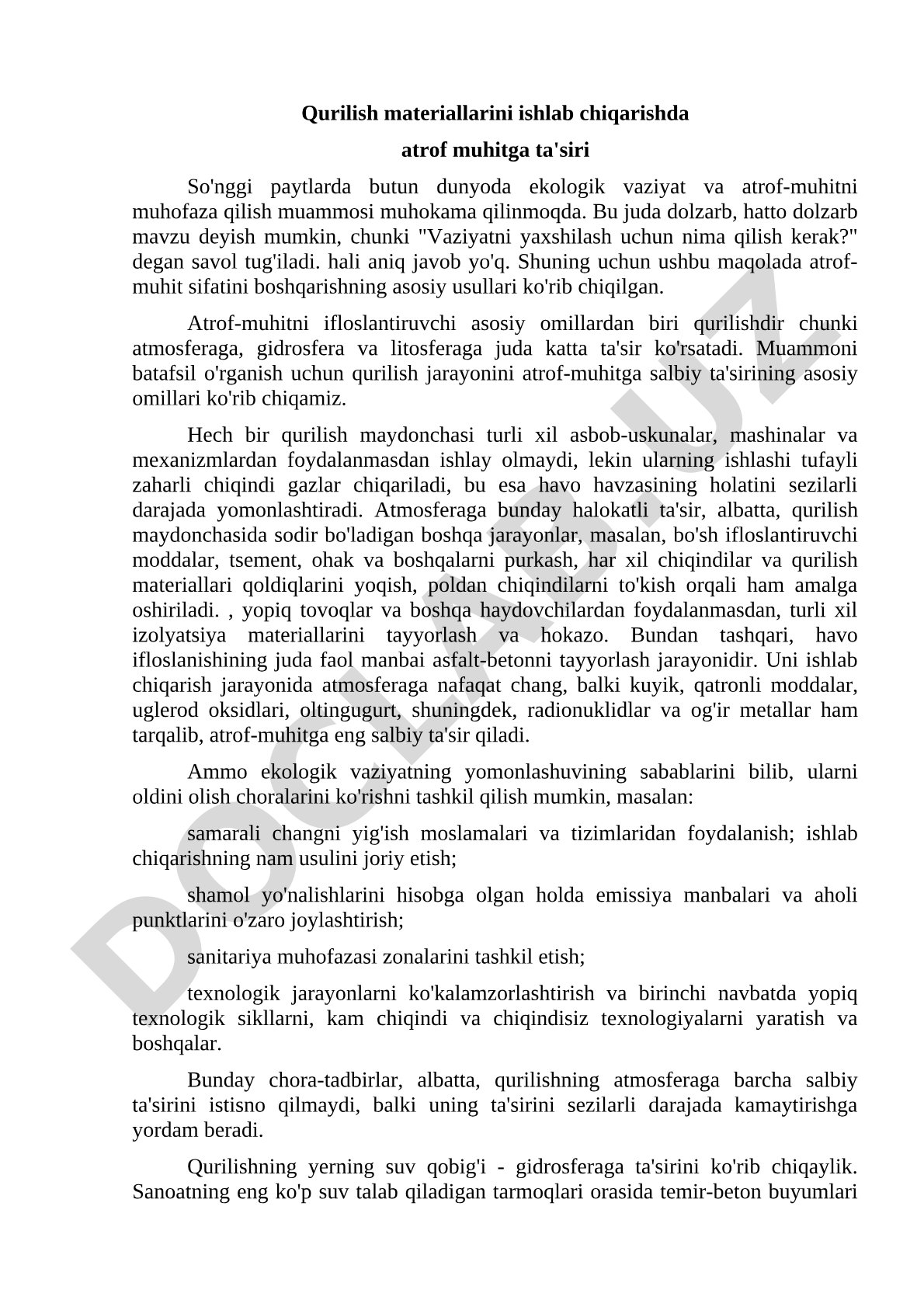 Qurilish materiallarini ishlab chiqarishda atrof muhitga ta'siri