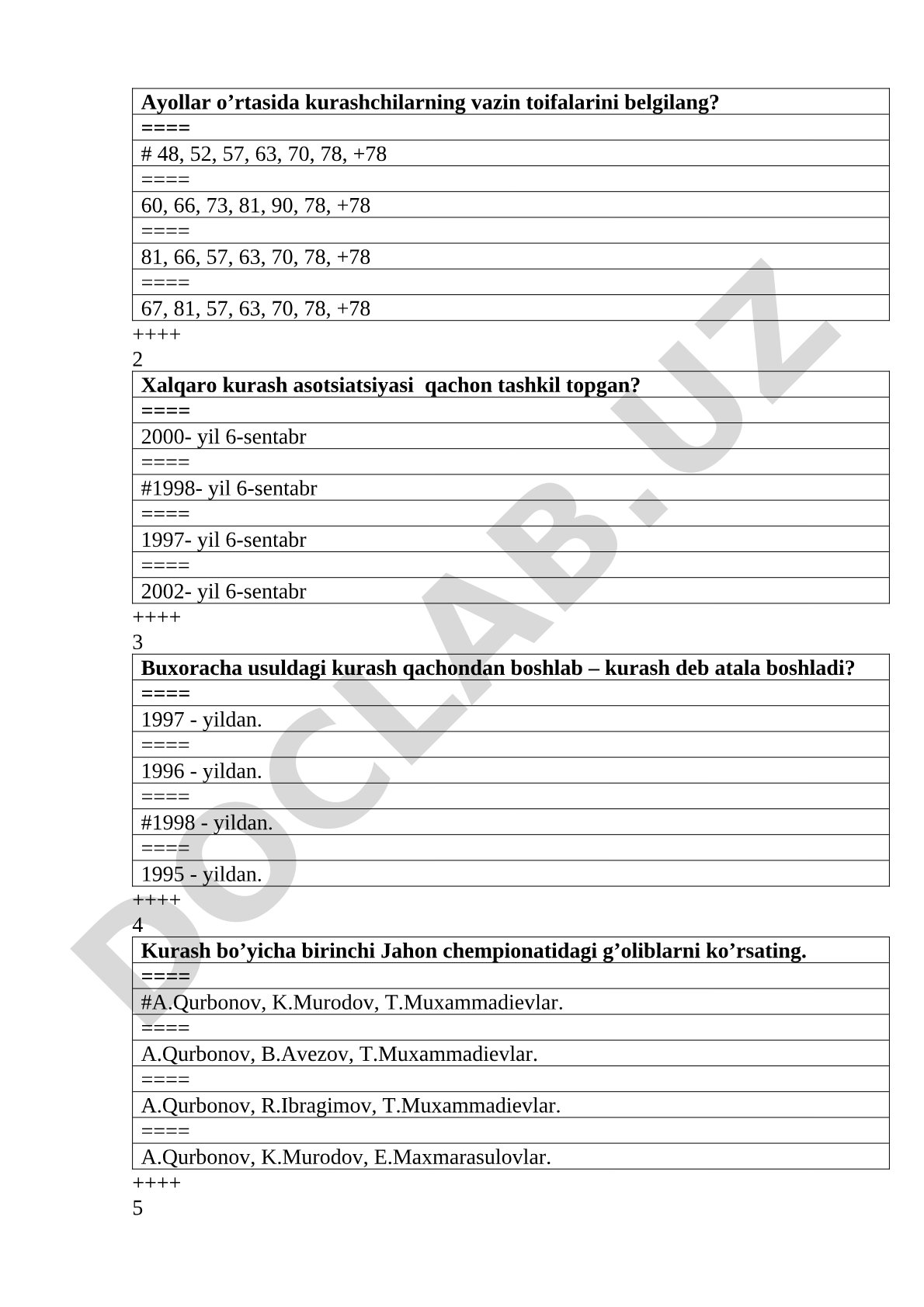 Kurash tarixi, qoidalari va vazn toifalari haqida test savollari
