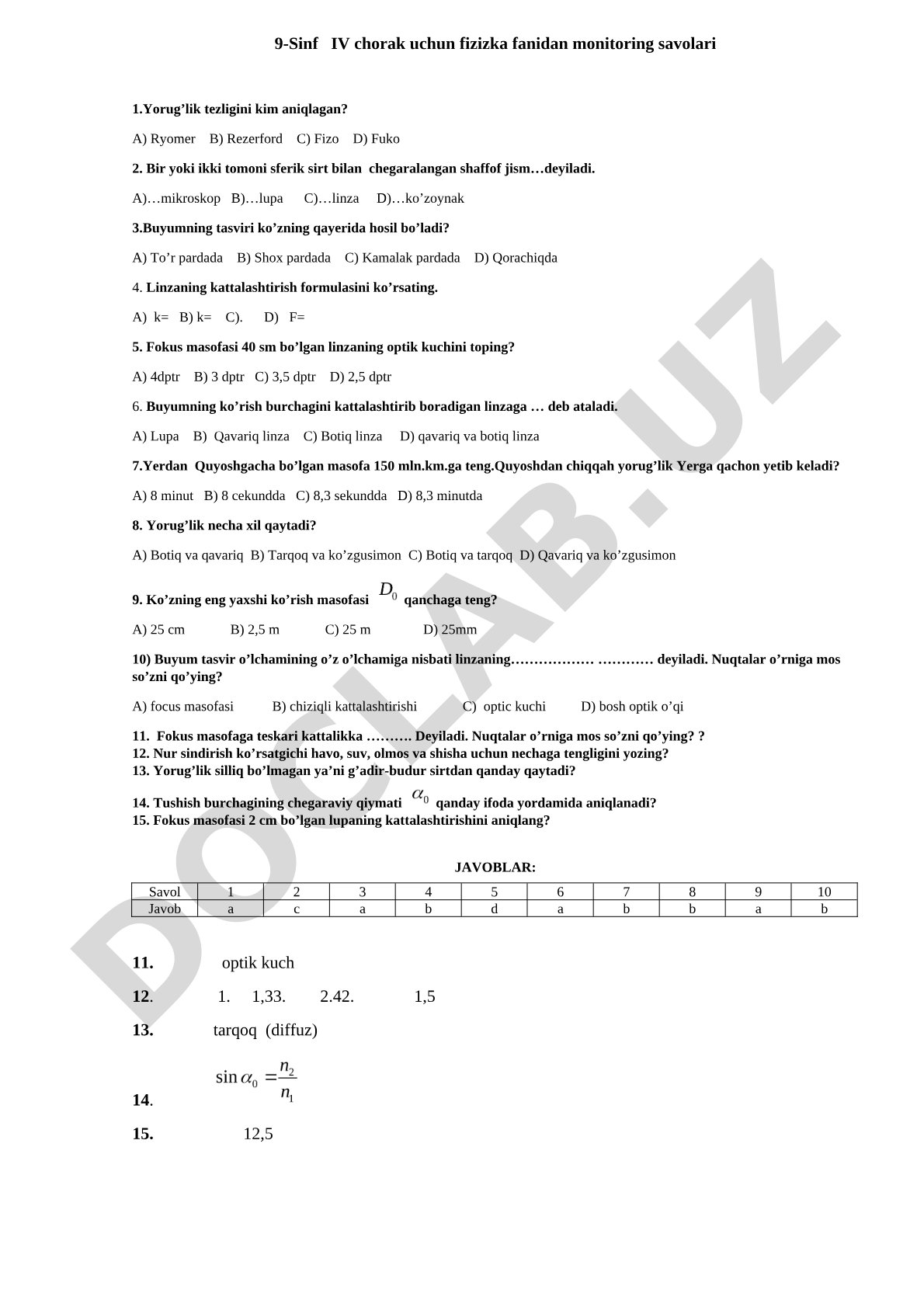 9-sinf IV chorak uchun fizika fanidan monitoring savollari