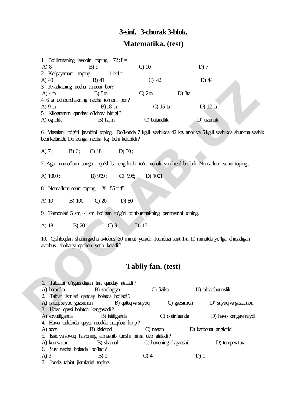 3-sinf 3-chorak matematika va tabiiy fan testlari
