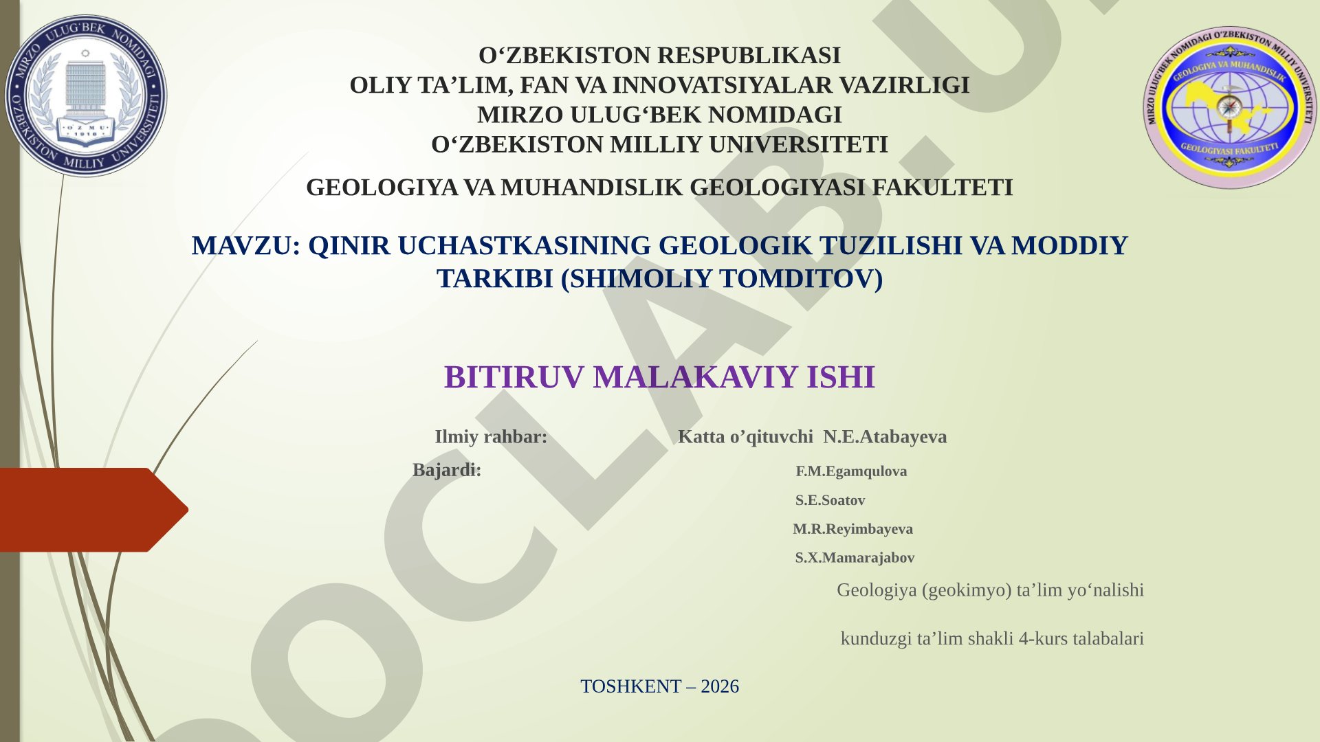 Qinir uchastkasining geologik tuzilishi va moddiy tarkibi (Shimoliy Tomditov)