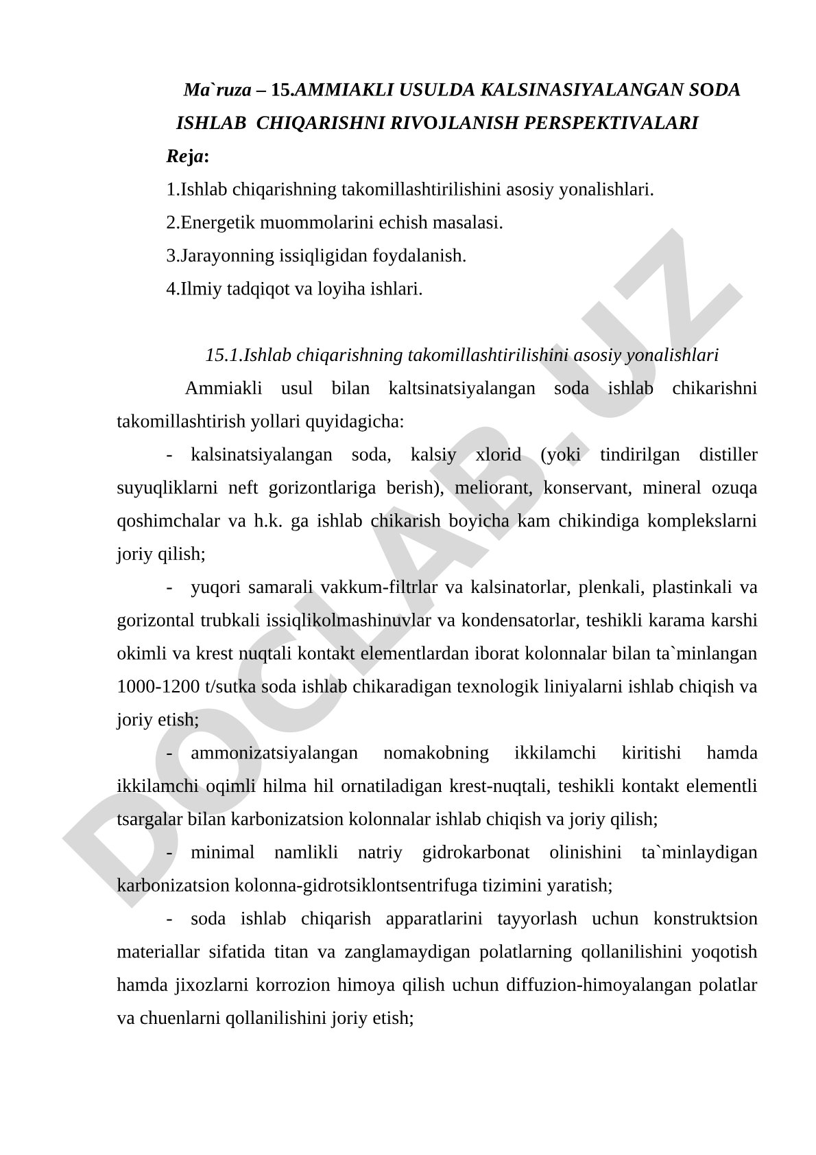 Ammiakli usulda kalsinasiyalangan soda ishlab chiqarishni rivojlanish perspektivalari