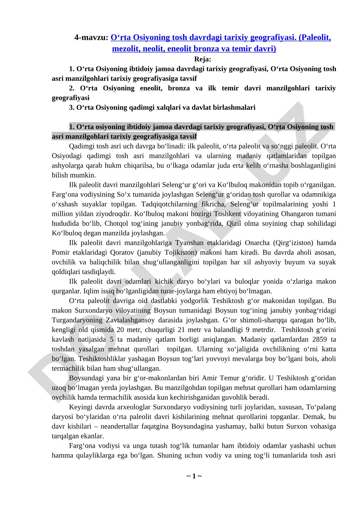 O‘rta Osiyoning tosh davridagi tarixiy geografiyasi