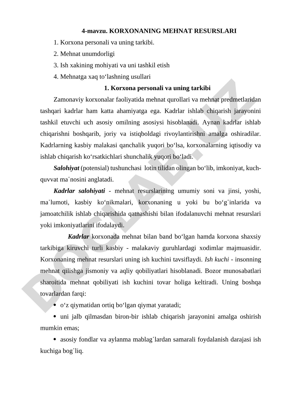 Korxonaning mehnat resurslari