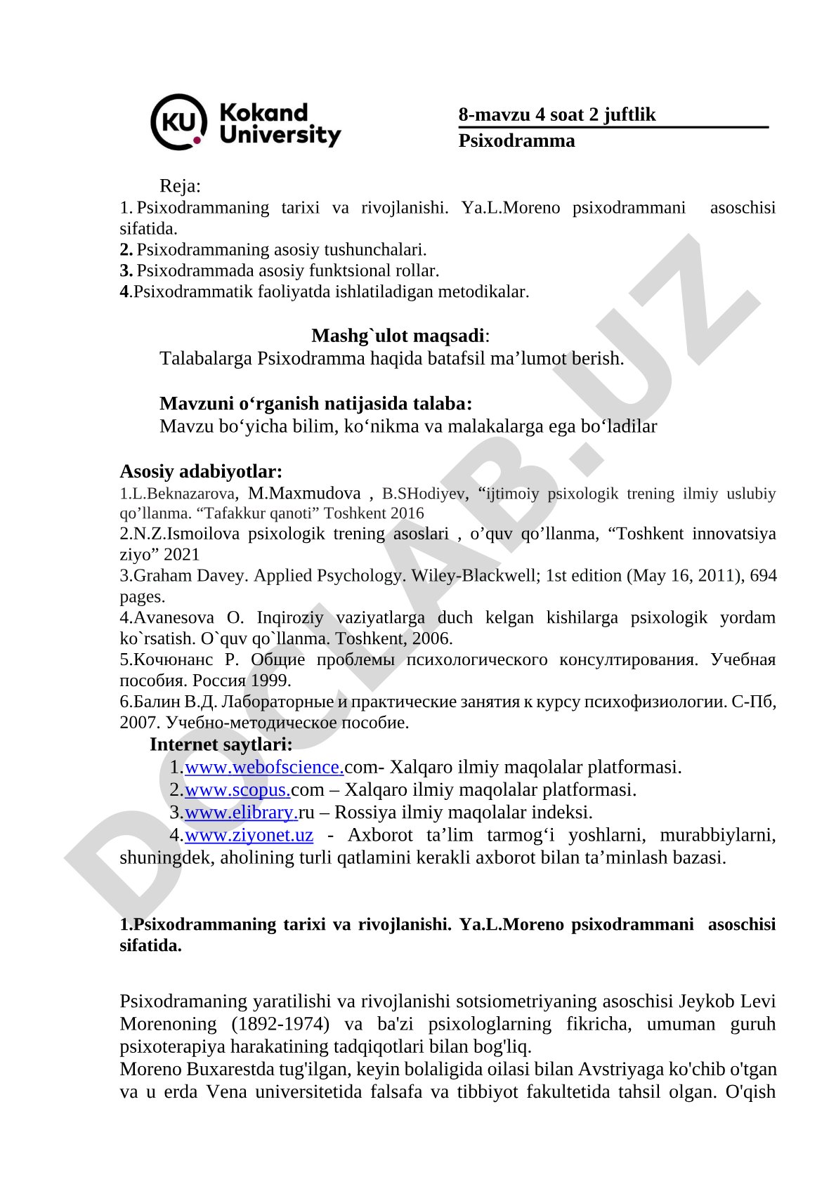 Psixodramma tarixi, asosiy tushunchalari, rollari va metodikalari haqida