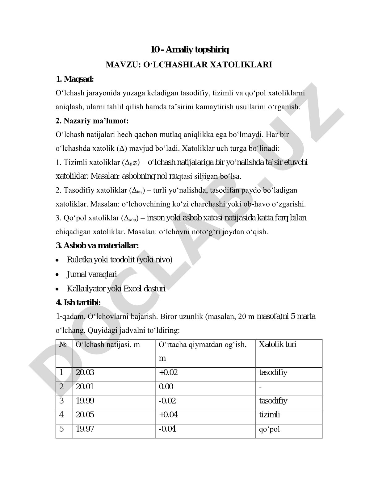 O‘lchash jarayonida yuzaga keladigan tasodifiy, tizimli va qo‘pol xatoliklarni aniqlash
