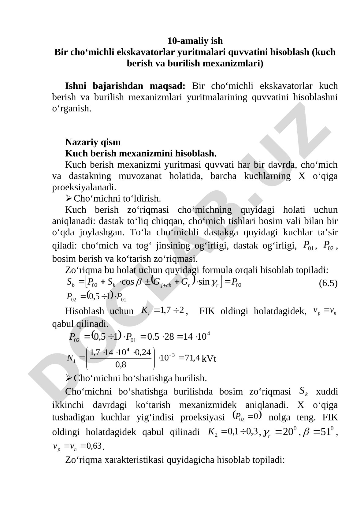 Bir cho‘michli ekskavatorlar yuritmalari quvvatini hisoblash