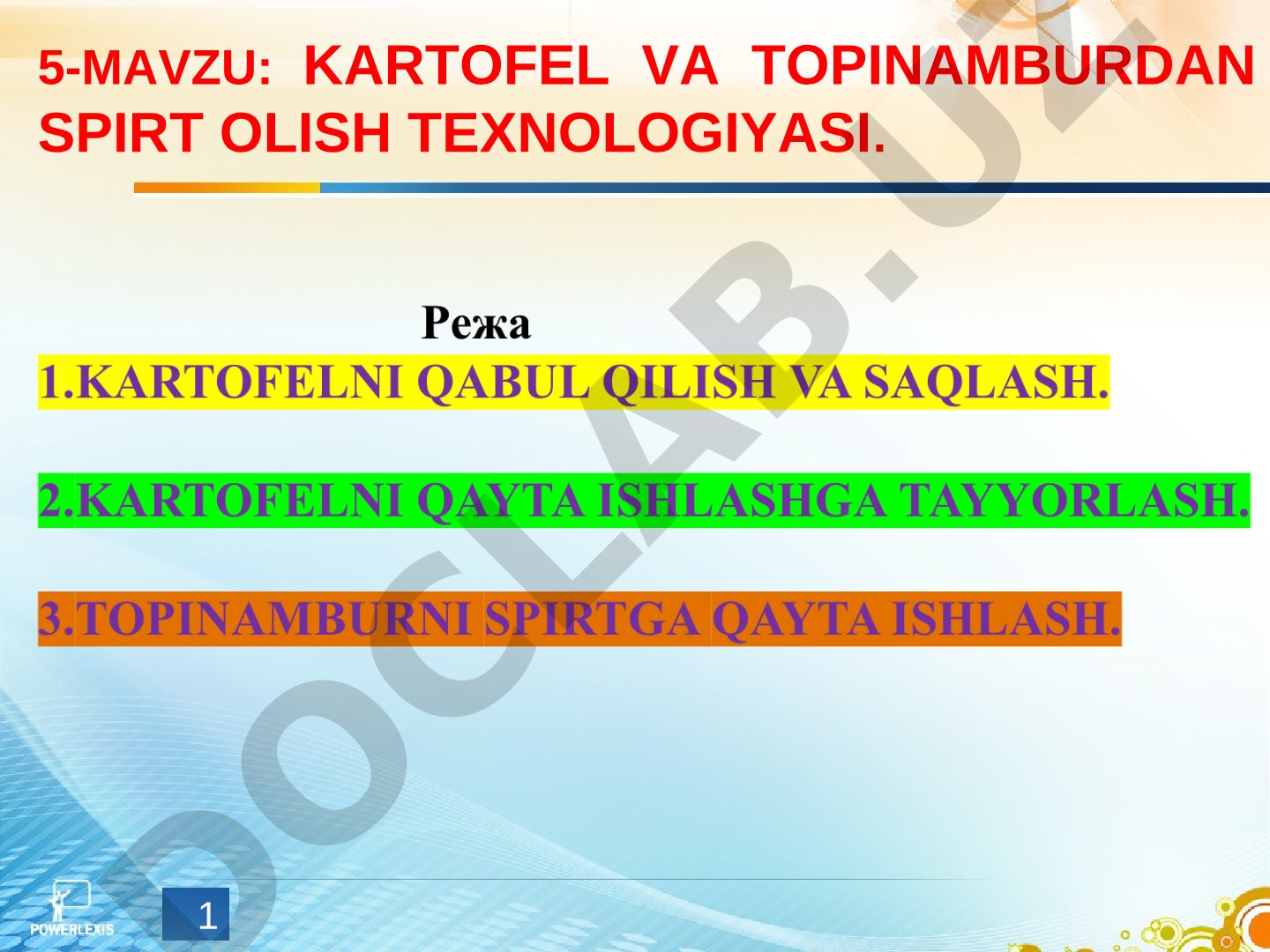Kartofel va topinamburdan spirt olish texnologiyasi