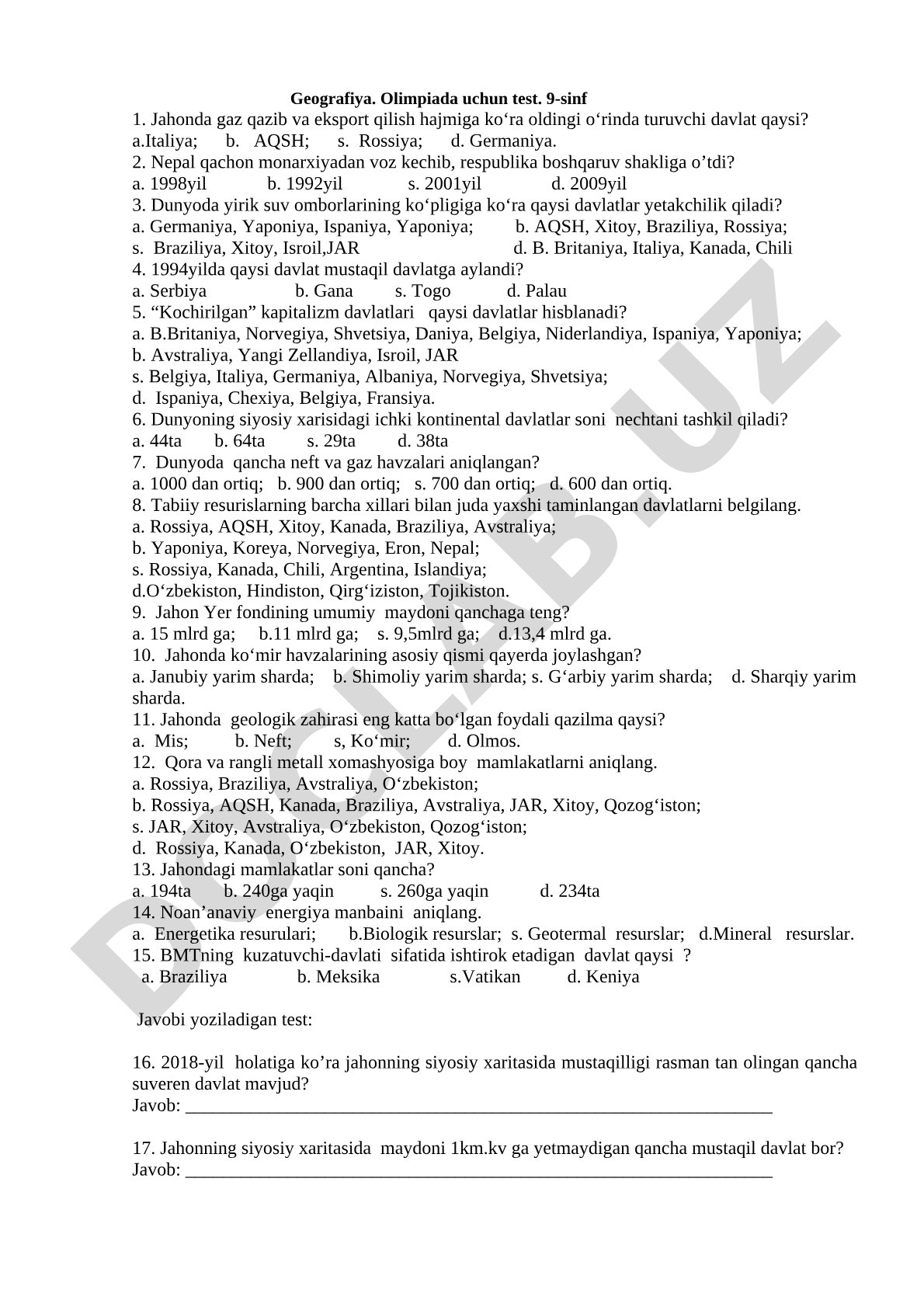 Geografiya. Olimpiada uchun test. 9-sinf