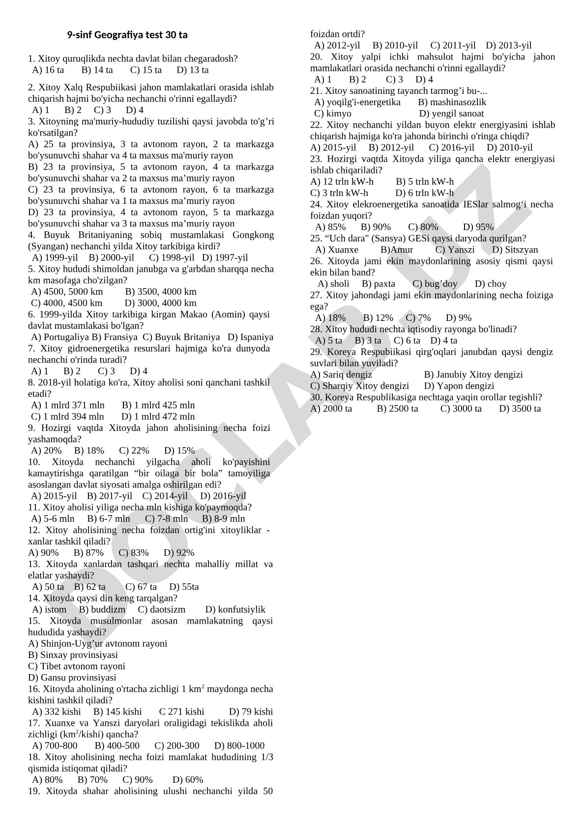 Xitoy geografiyasi bo'yicha test savollari