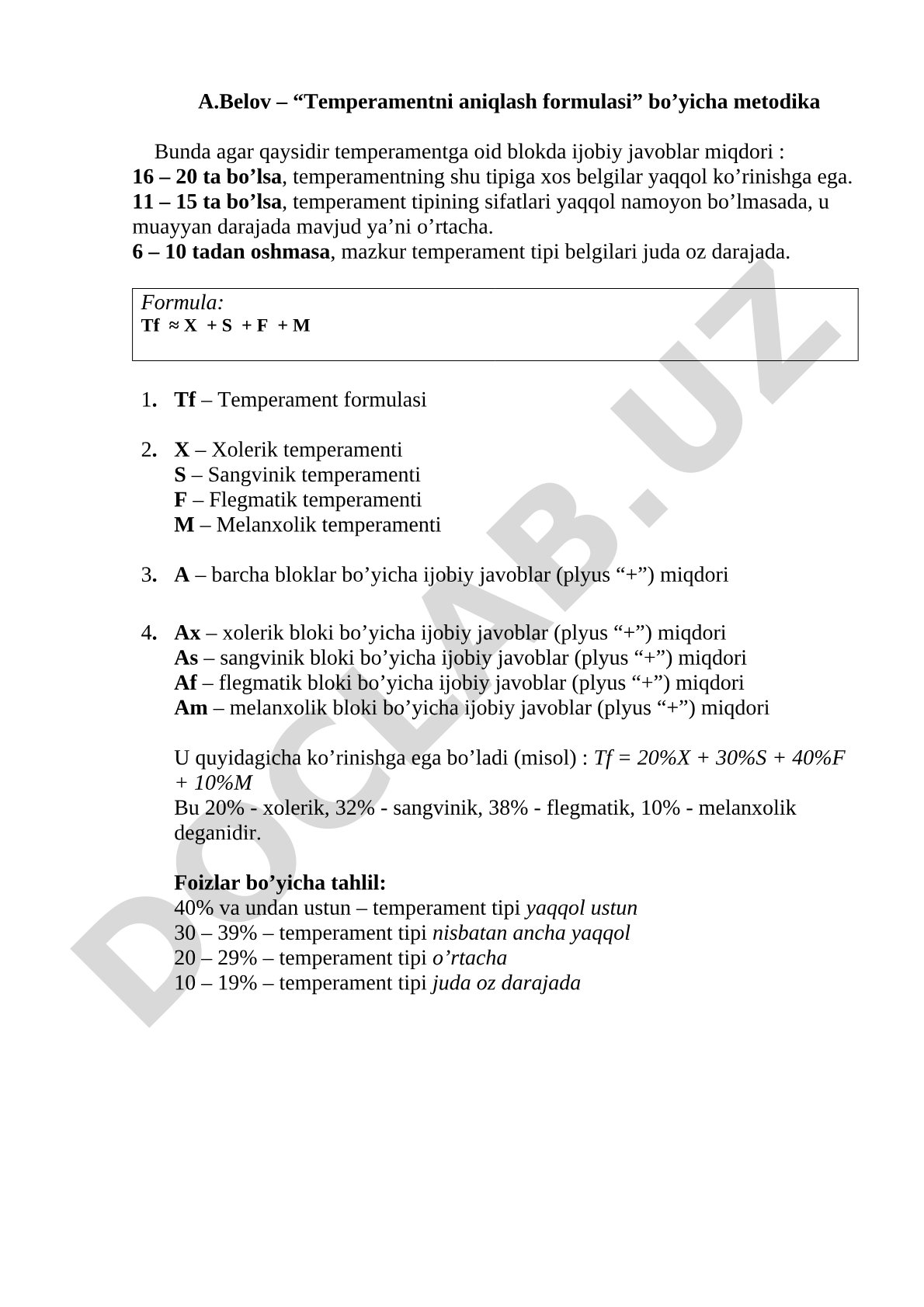 A.Belov – “Temperamentni aniqlash formulasi” bo’yicha metodika