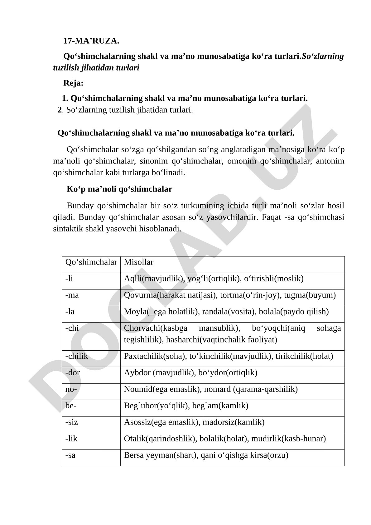 Qo‘shimchalarning shakl va ma’no munosabatiga ko‘ra turlari. So‘zlarning tuzilish jihatidan turlari