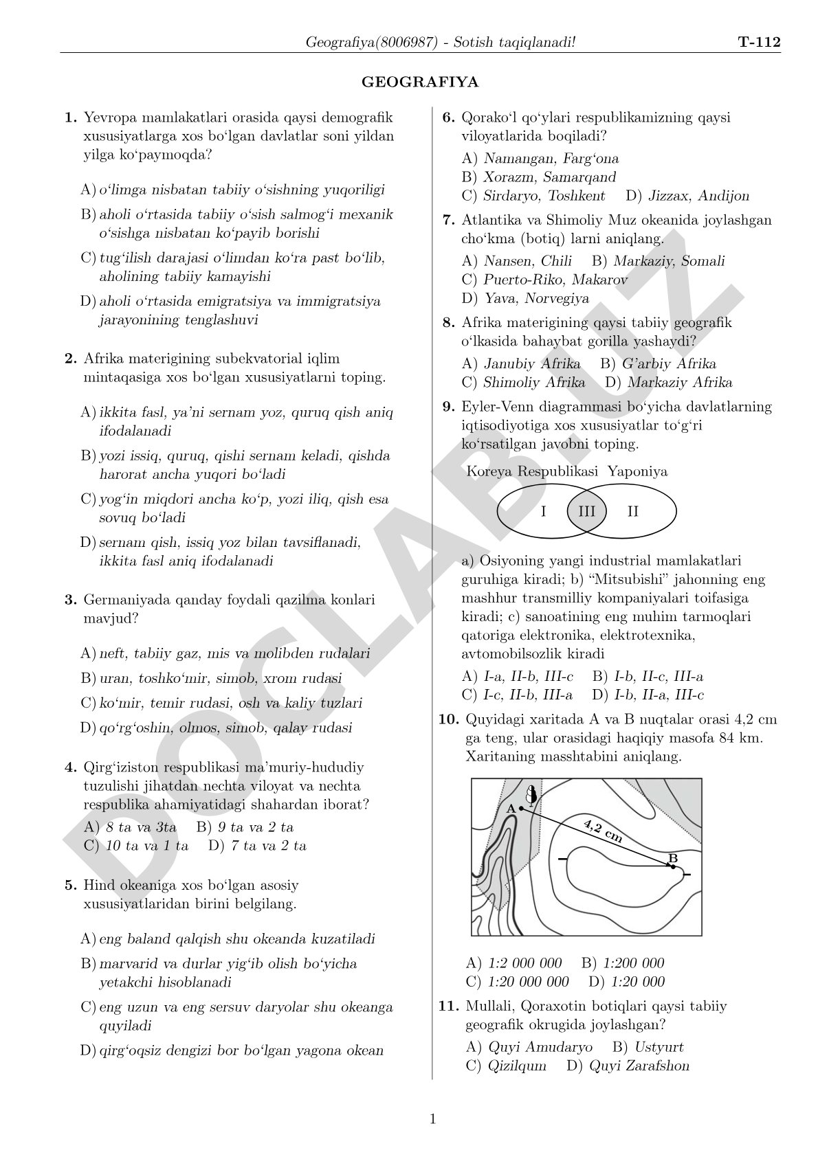 Geografiya test savollari