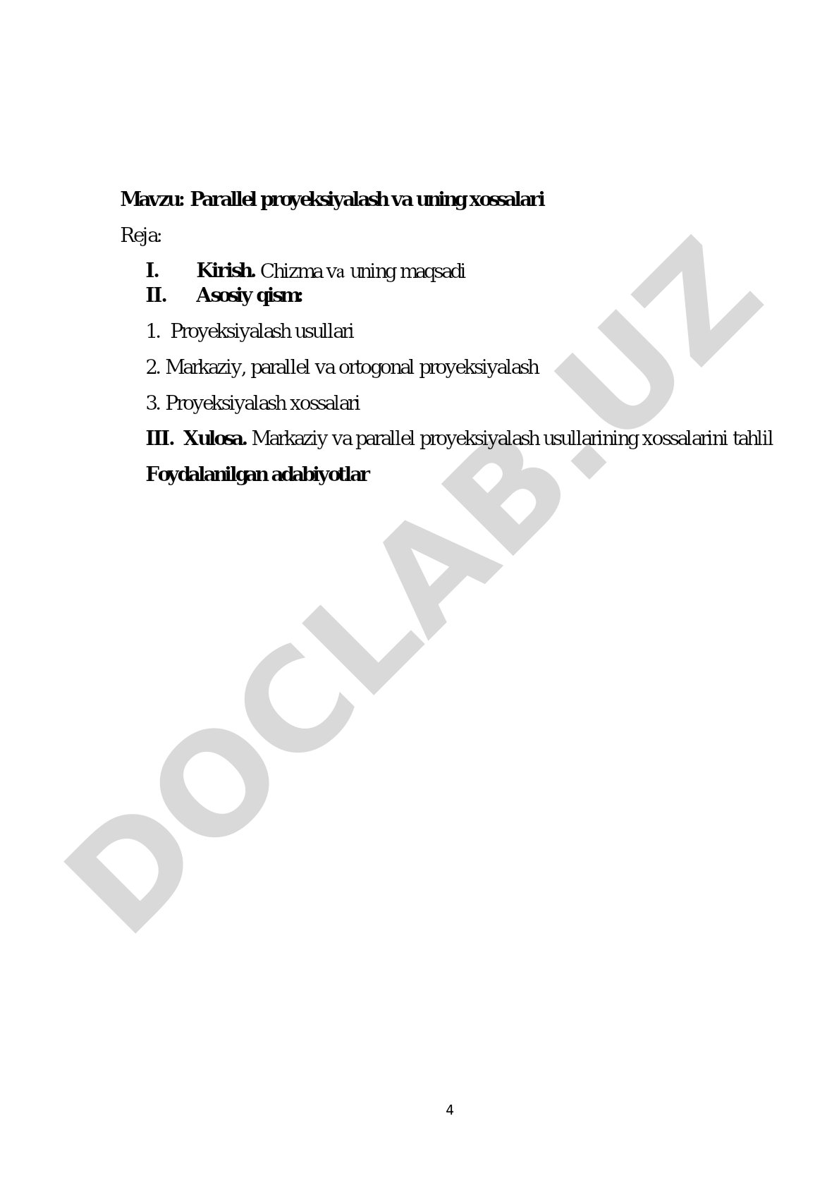 Parallel proyeksiyalash va uning xossalari