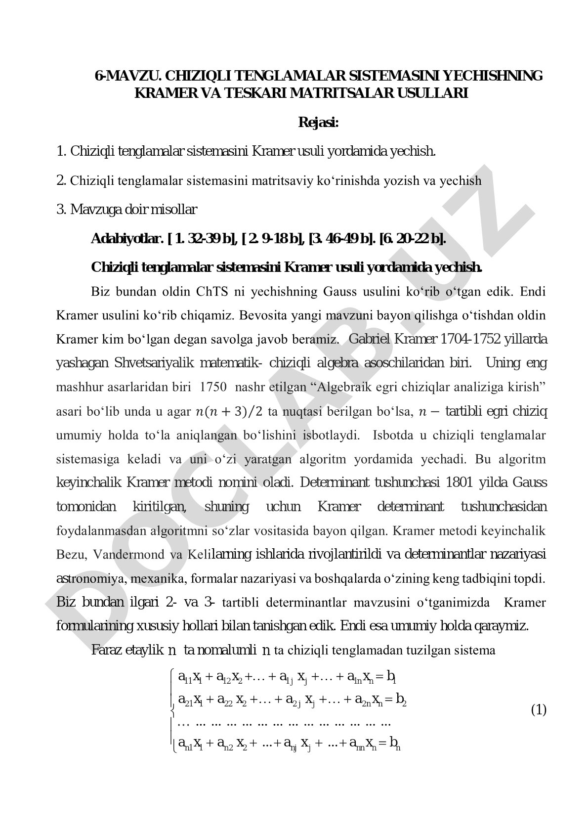 CHIZIQLI TENGLAMALAR SISTEMASINI YECHISHNING KRAMER VA TESKARI MATRITSALAR USULLARI