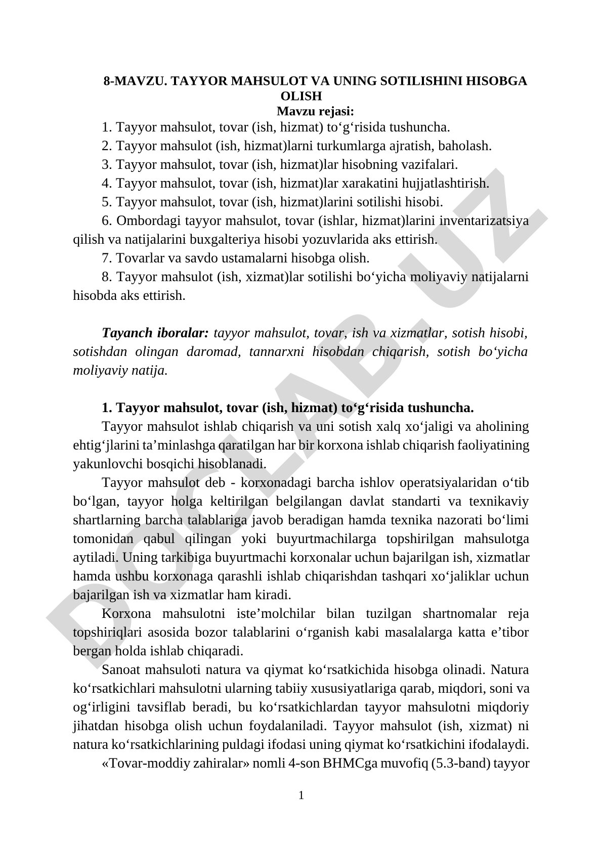 Tayyor mahsulot va uning sotilishini hisobga olish