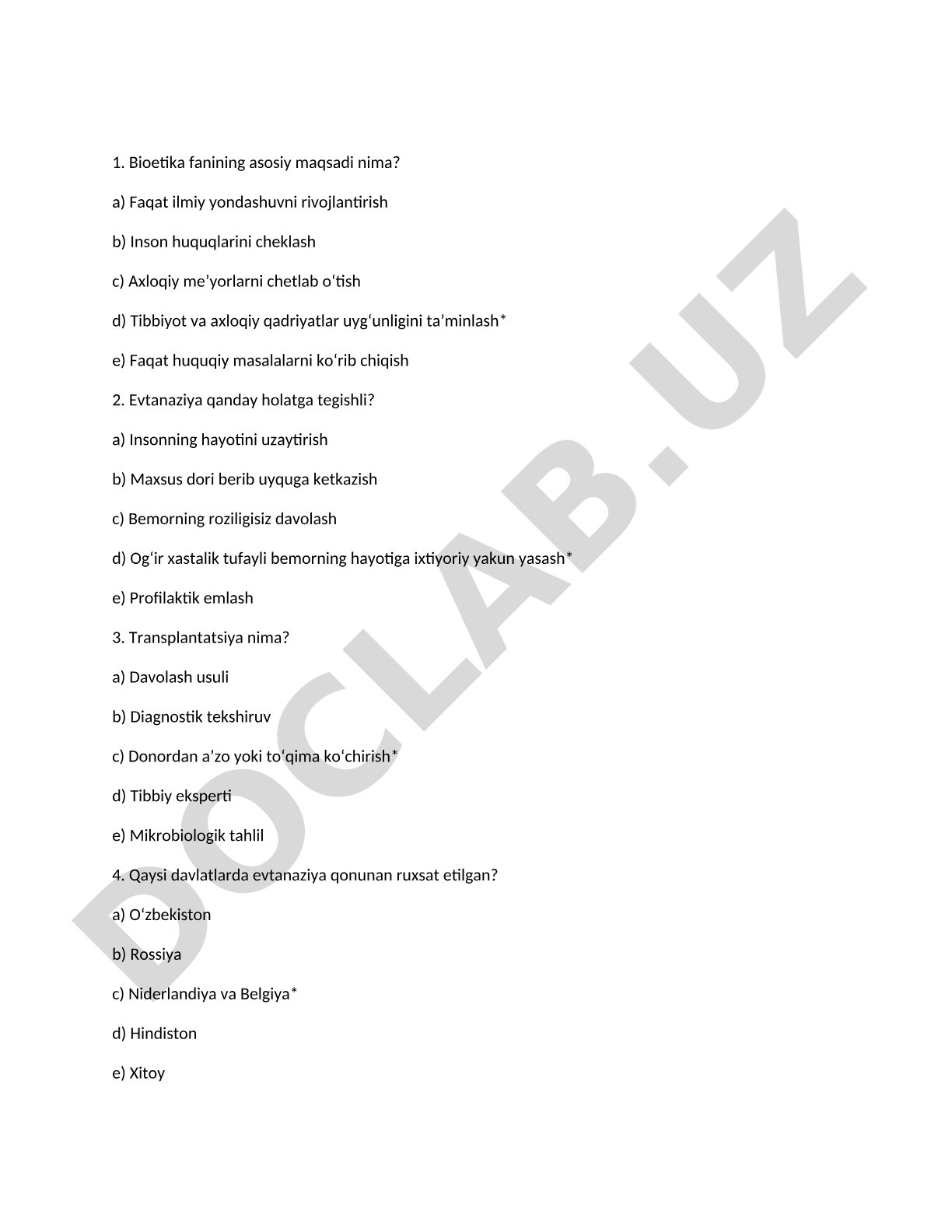Bioetika fanidan test savollari
