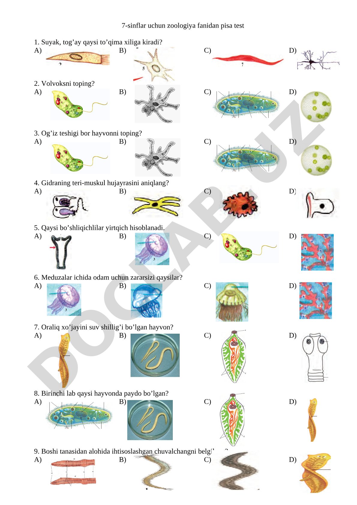 7-sinflar uchun zoologiya fanidan pisa test