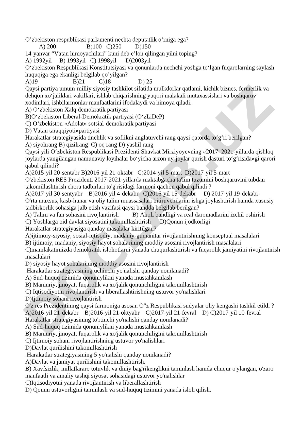 O'zbekiston siyosiy tizimi va qonunchiligi bo'yicha test savollari