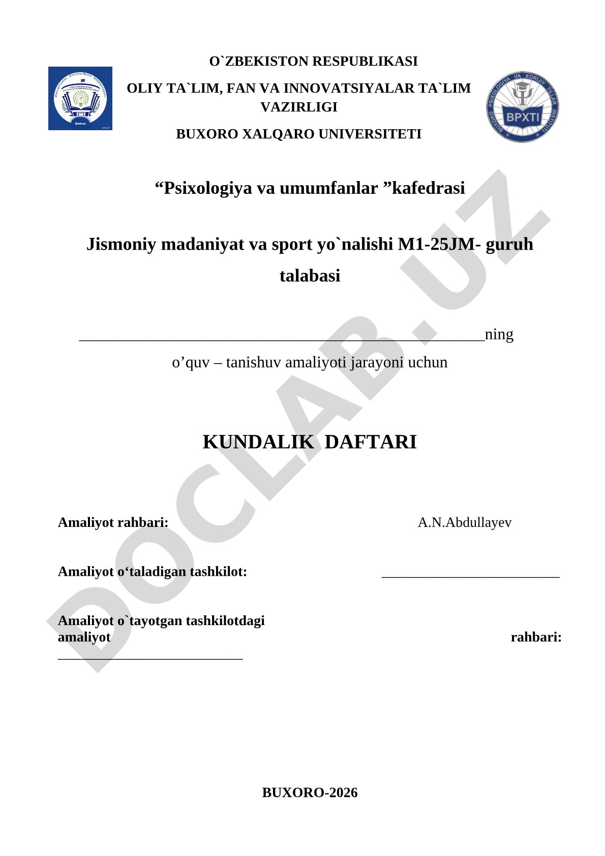 O'quv-tanishuv amaliyoti kundalik daftari