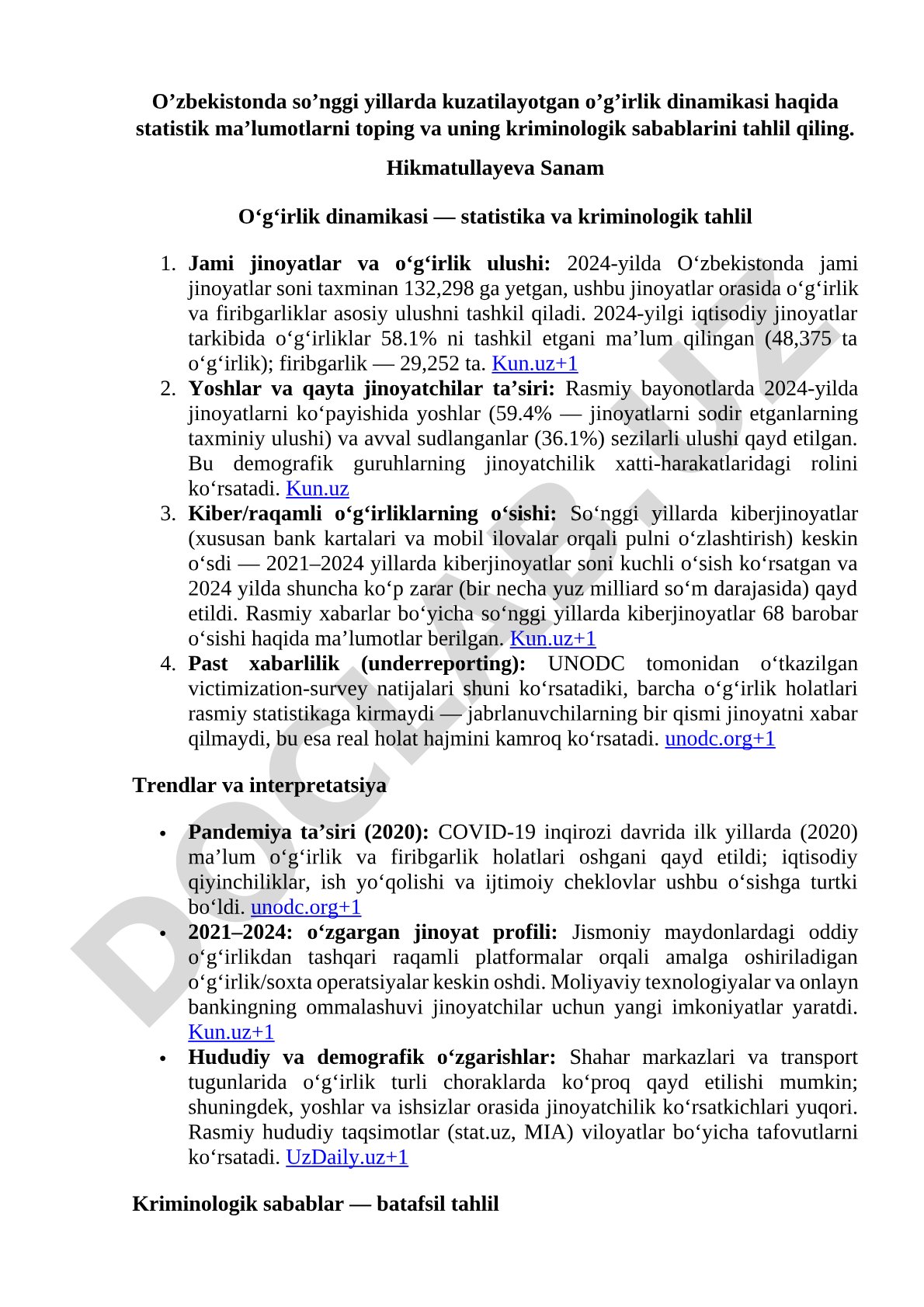 O‘g‘irlik dinamikasi — statistika va kriminologik tahlil