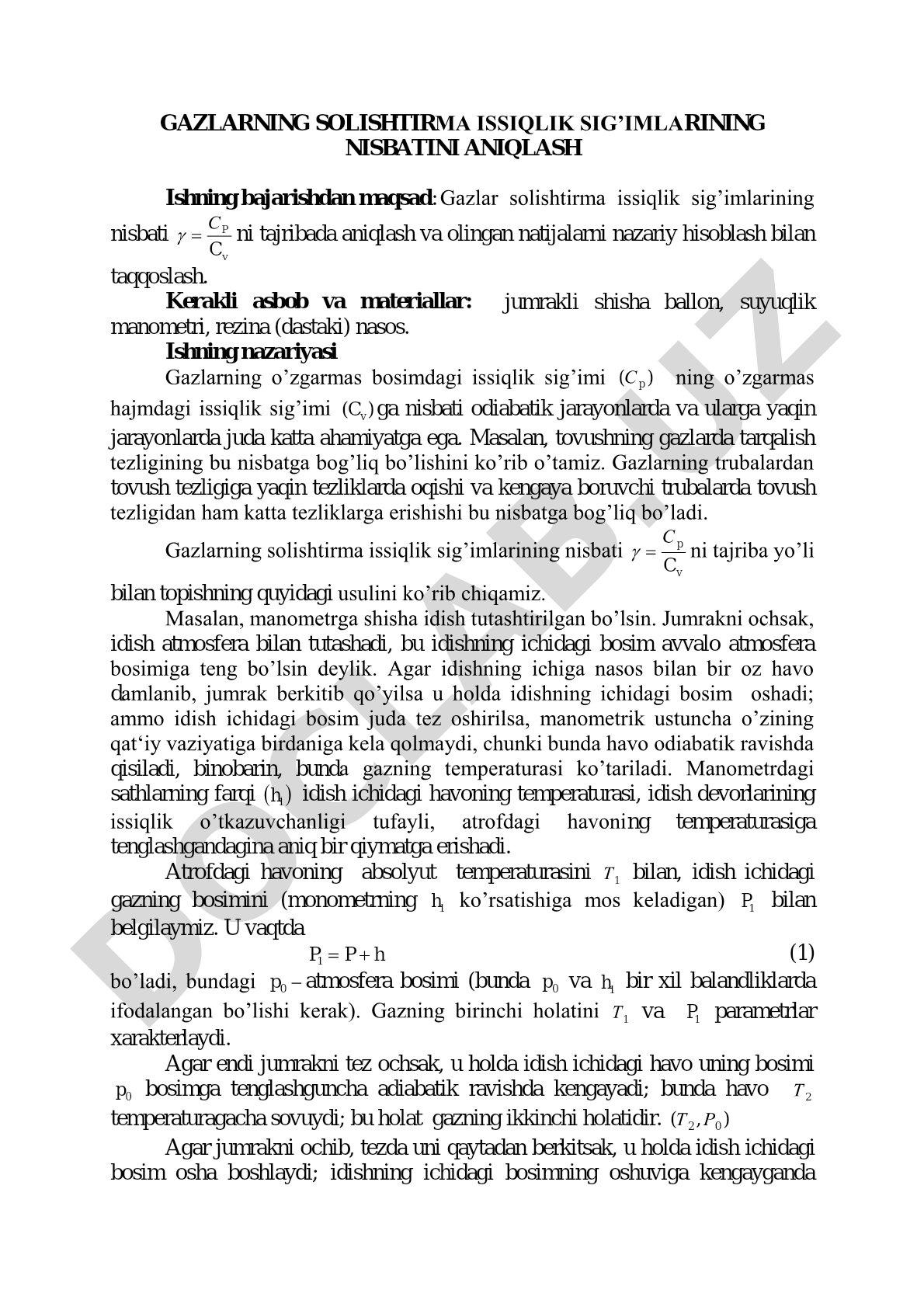 Gazlarning solishtirma issiqlik sig‘imlarining nisbatini aniqlash
