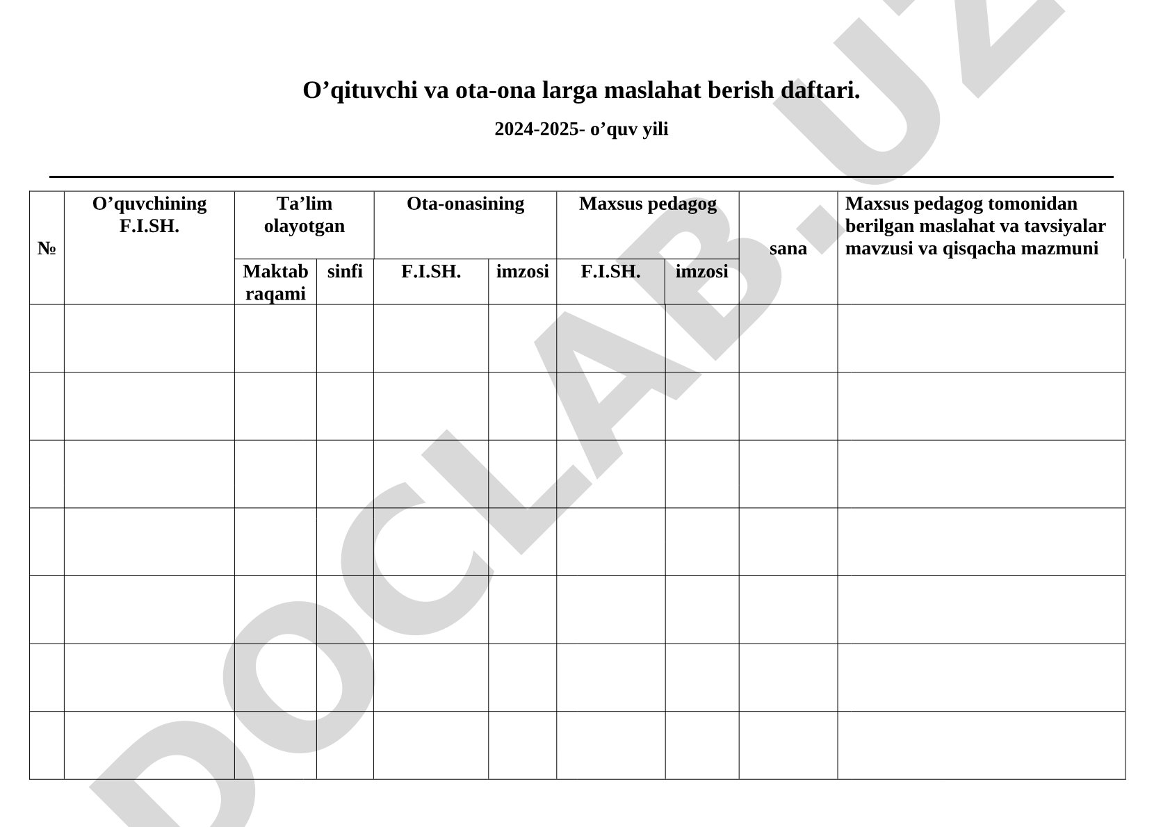 O'qituvchi va ota-onalar uchun maslahat berish daftari
