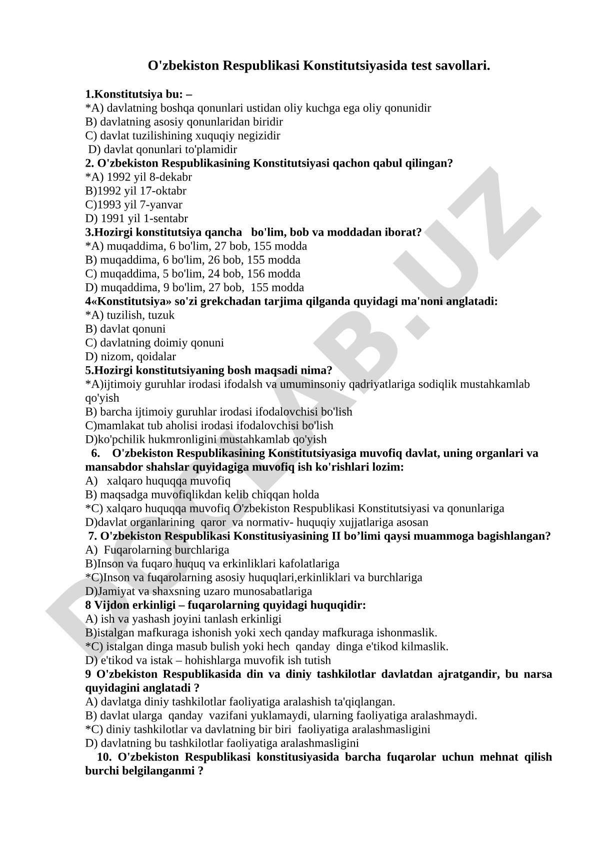 O'zbekiston Respublikasi Konstitutsiyasida test savollari