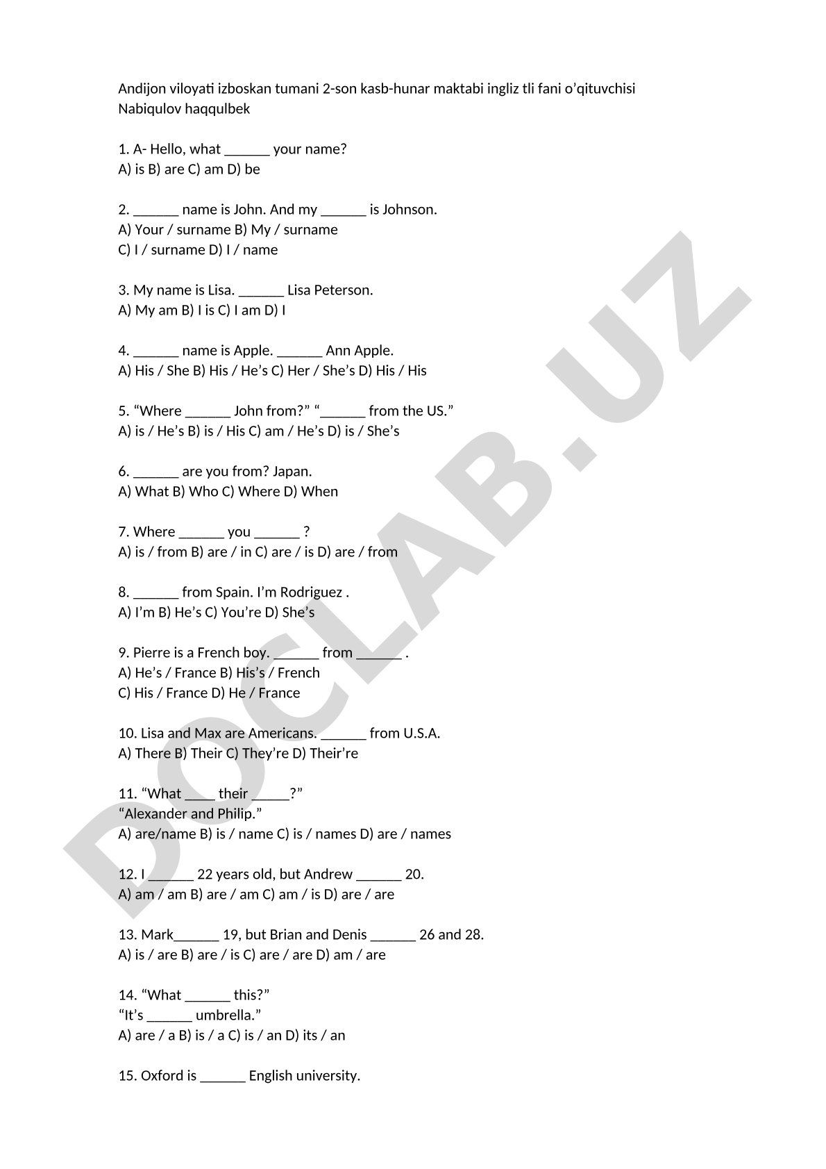 English grammar test on verb to be and pronouns