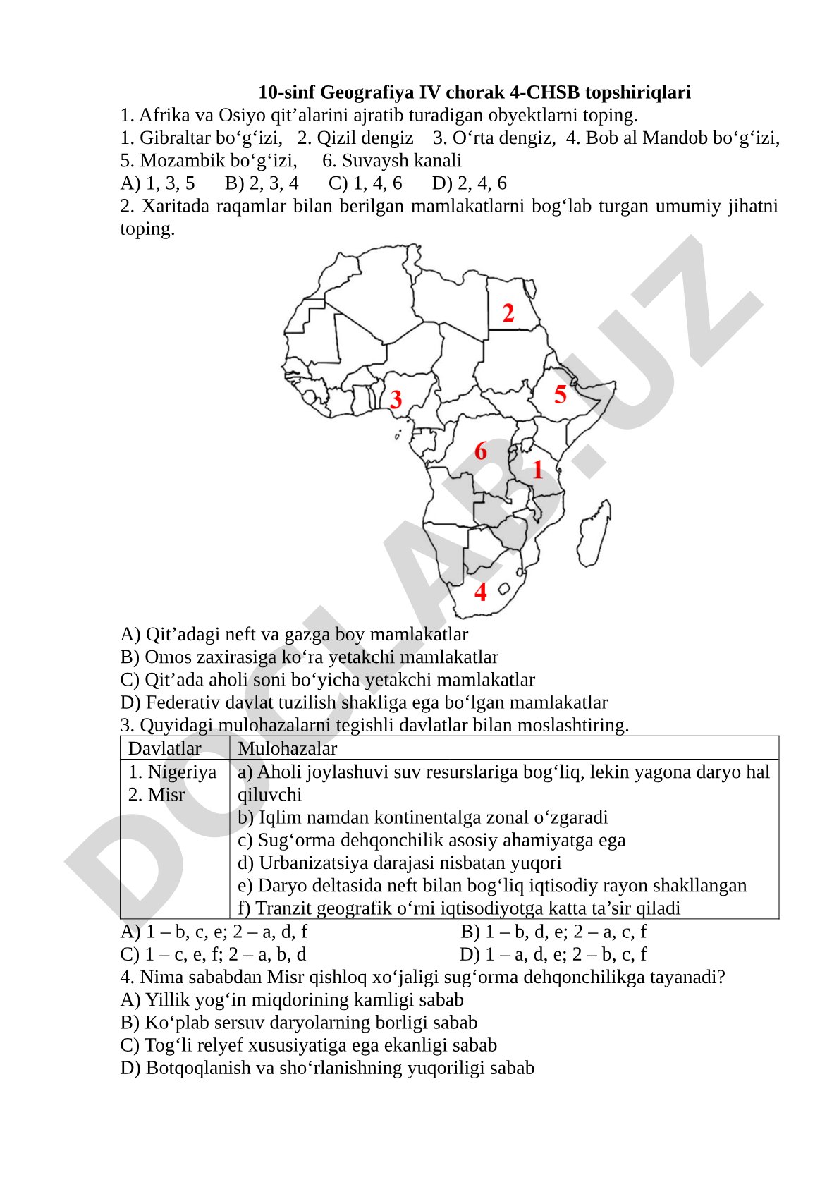 10-sinf Geografiya IV chorak 4-CHSB topshiriqlari